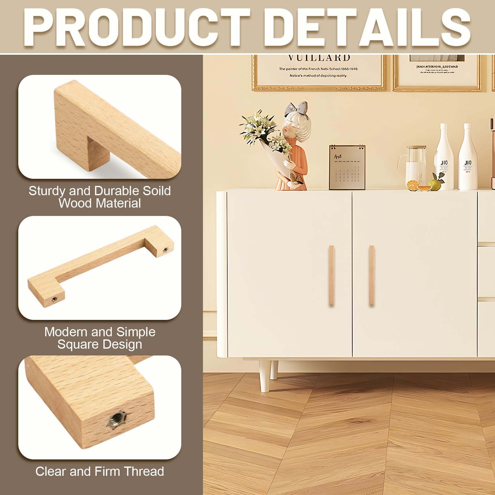 APACALI Lot de 12 poignées de tiroir en bois massif avec vis – Poignées de porte carrées en bois massif avec vis – Pour armoire, porte de placard, tiroir