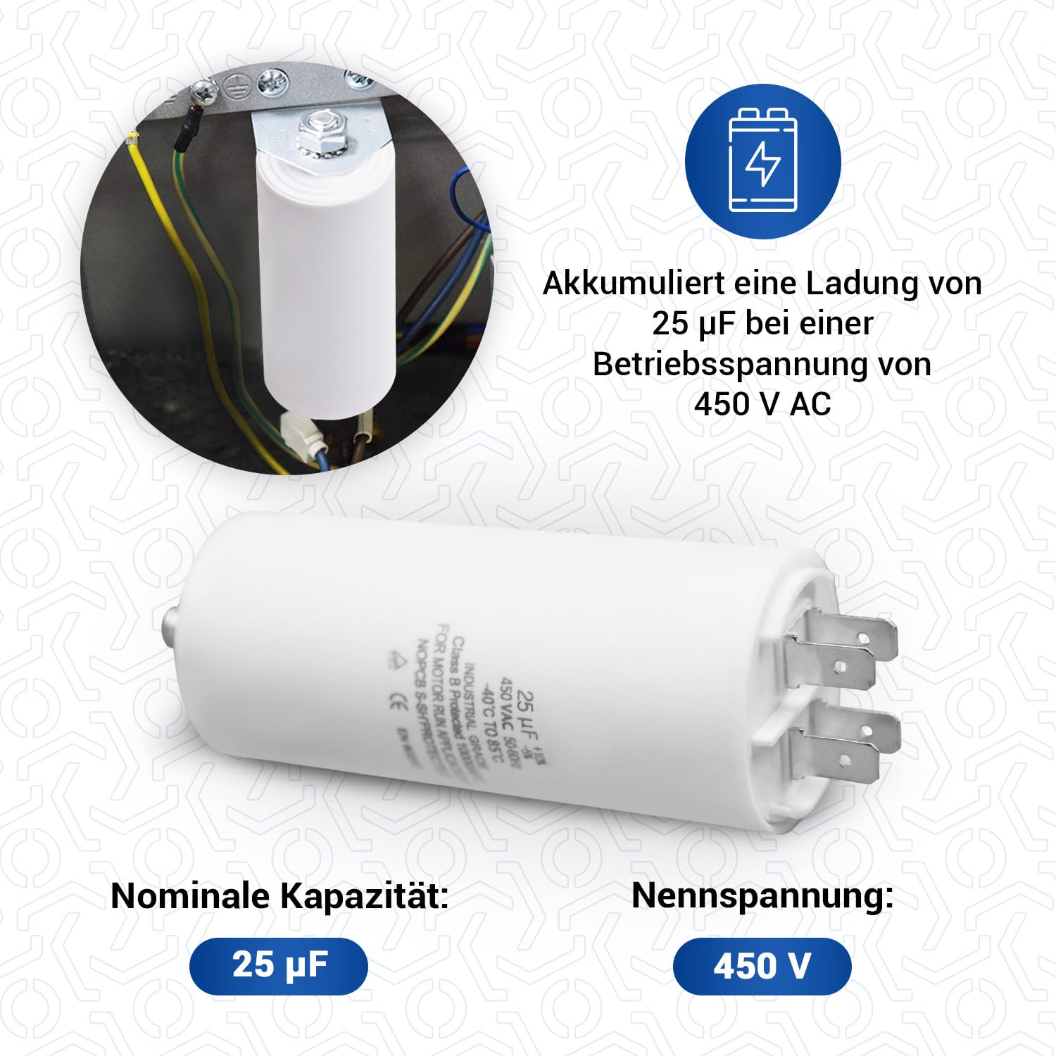 VIOKS Kondensator rozruchowy CBB60 kondensator 25µF 450 V – kondensator silnikowy LED, uniwersalny z flagami wtykowymi AMP 6,3 mm i śrubą mocującą M8 do elektrycznych urządzeń domowych
