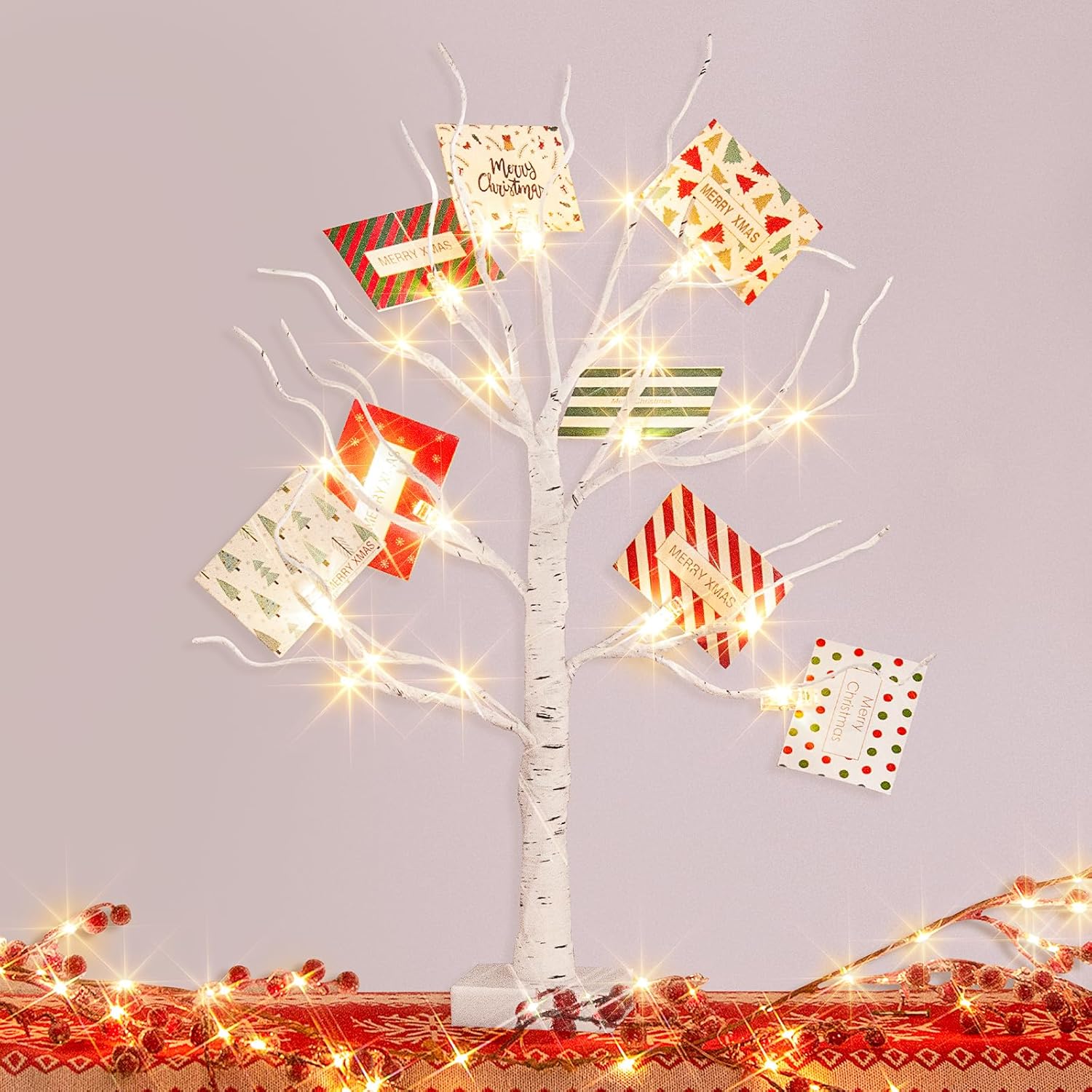 PEIDUO Christmas Decorations, 22 Inch Gift Card Tree Holder with 8 Clips and 8 Xmas Cards, Lighted Tabletop Money Tree, for Christmas,Birthday Wedding,Battery Powered, 6H/18H Timer (White)