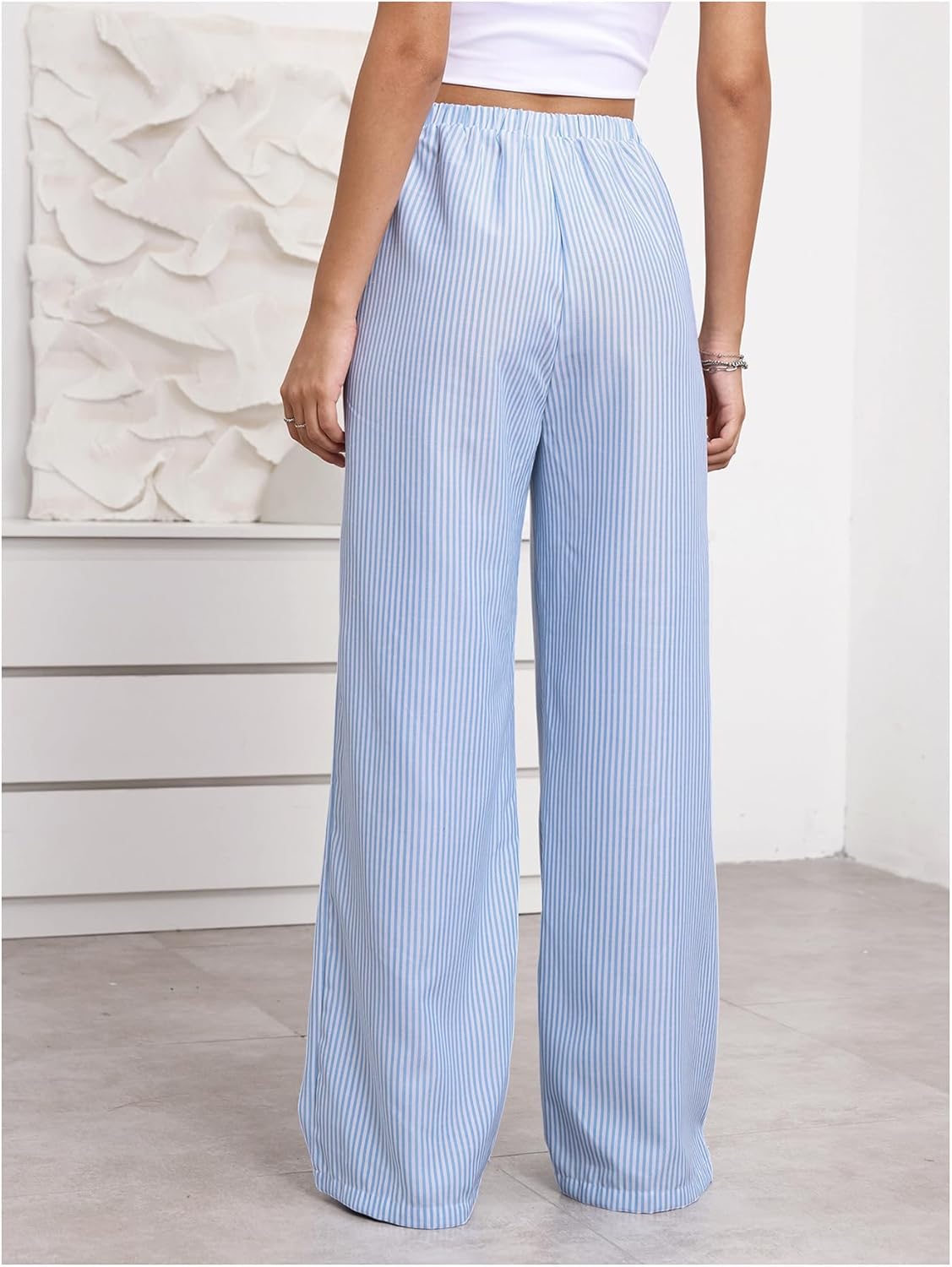 Women's Striped Print Straight Wide Leg Linen Pants Drawstring Waist Slant Pockets Pants Casual Long Pants - Image 3