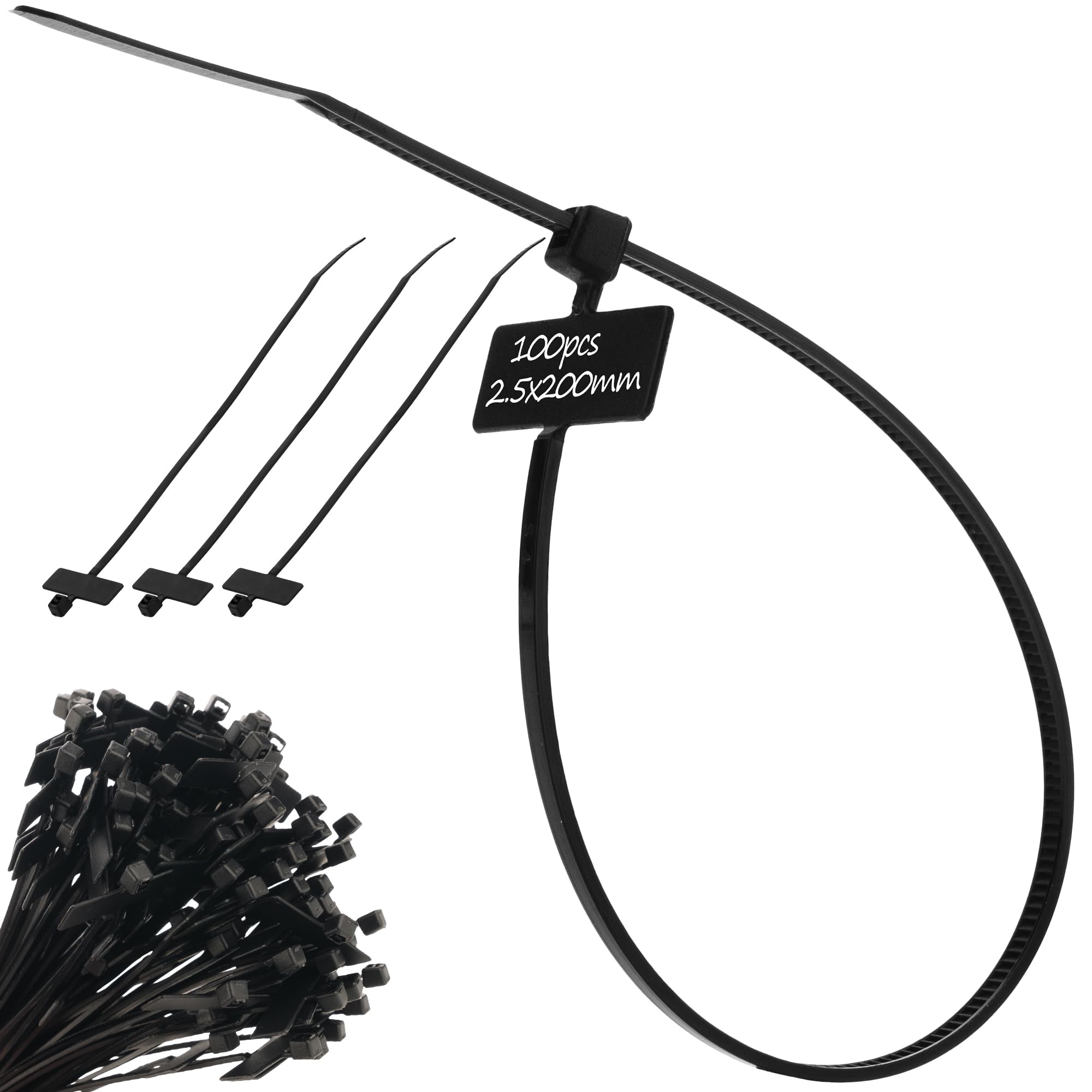 Boltza® Marker Cable Ties Write On Label Zip Ties Black & White 2.5mm x 200mm x100 | Identification Labelling Cable Ties for Electrical Network Telecom Cable Management