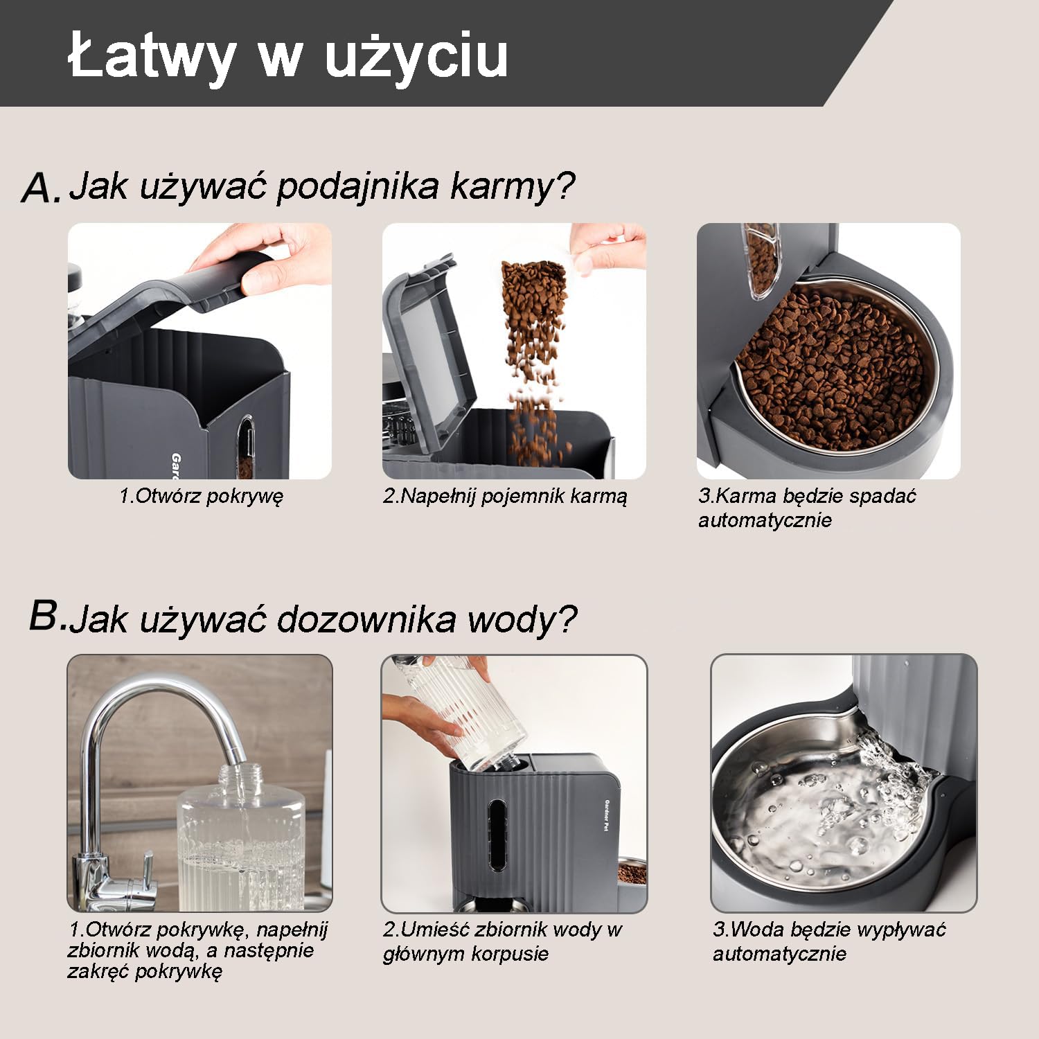 Gardner Pet Automatyczny karmnik dla kotów i dozownik wody 2 w 1, 3 l x 2, miski dla kotów z miską ze stali nierdzewnej, dozownik wody grawitacyjnej, w 100% wolny od BPA, nie wymaga prądu, ciemnoszary