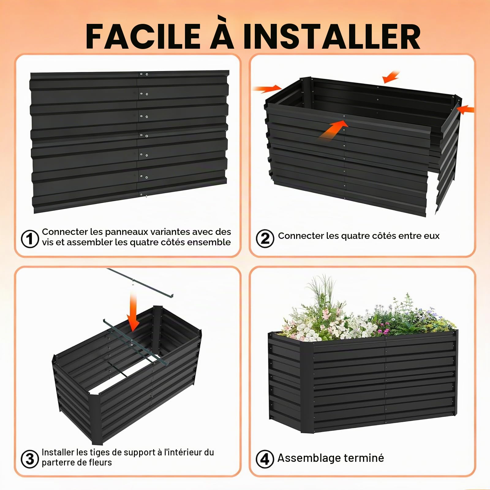 Potager Surélevé Métal 300x120x58cm, Lit de Jardin Fond Ouvert, Potager Surélevé Acier Galvanisé, Jardinière Extérieur Jardin Antirouille pour Culture Légumes Fleurs Herbes Aromatiques, Noir