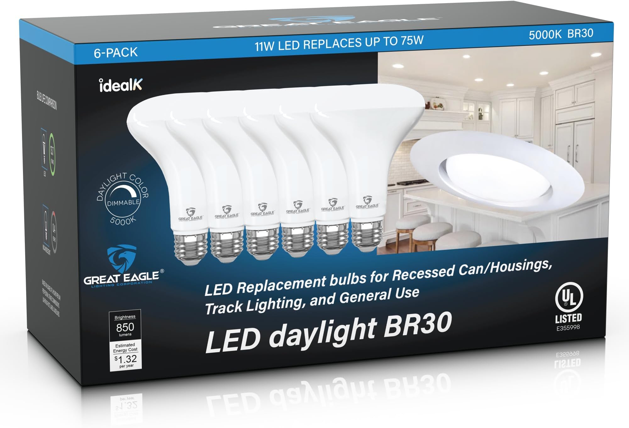 Great Eagle Lighting Corporation BR30 LED Bulb, 11W (75W Equivalent), 850 Lumens, 5000K Daylight Color, for Recessed Can Use, Dimmable, and UL Listed (6 Pack)