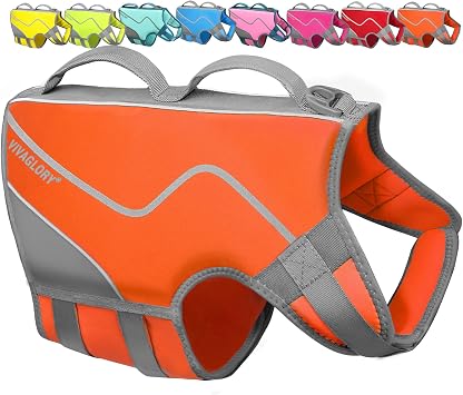 VIVAGLORY Neoprene Dog Life Vest, Dog Life Jacket for Swimming & Boating, Buoyancy & Comfort for Puppy Doggy, Swimming Vest with Handle, XL, Rising Orange