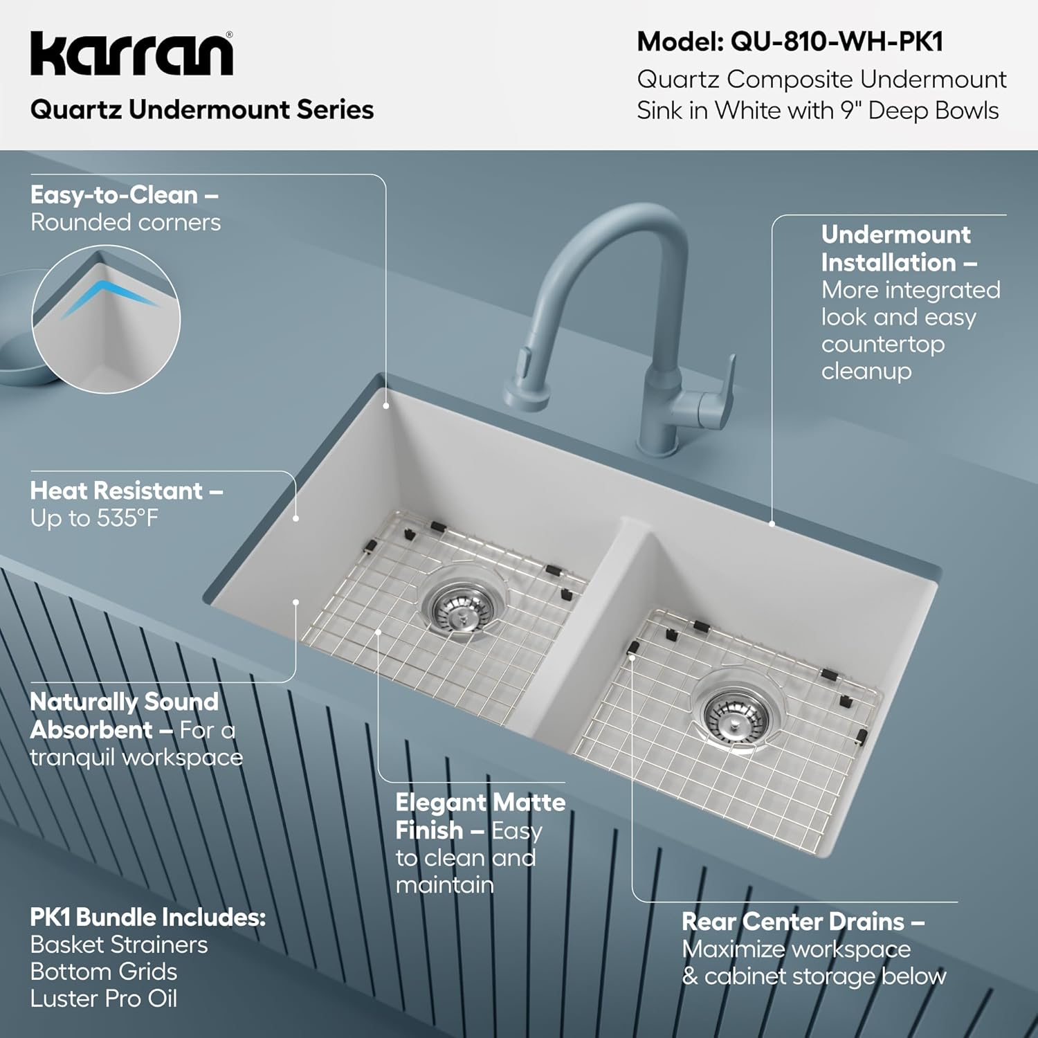 Karran QU-810 32" Undermount Double Bowl Quartz Kitchen Sink Kit, White Composite, Equal Bowls, Scratch Resistant, Heat Safe, Noise Reducing, Includes Grids & Strainers