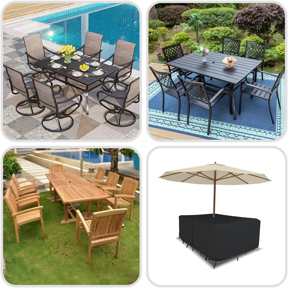 Covers & all Rectangle Table & Chair Set Cover, Umbrella Hole, 12 Oz Waterproof UV & Weather Resistant, Patio Lawn Garden Backyard Furniture, Air Vents & Drawstrings (108"L x 82"W x 23"H, Black)