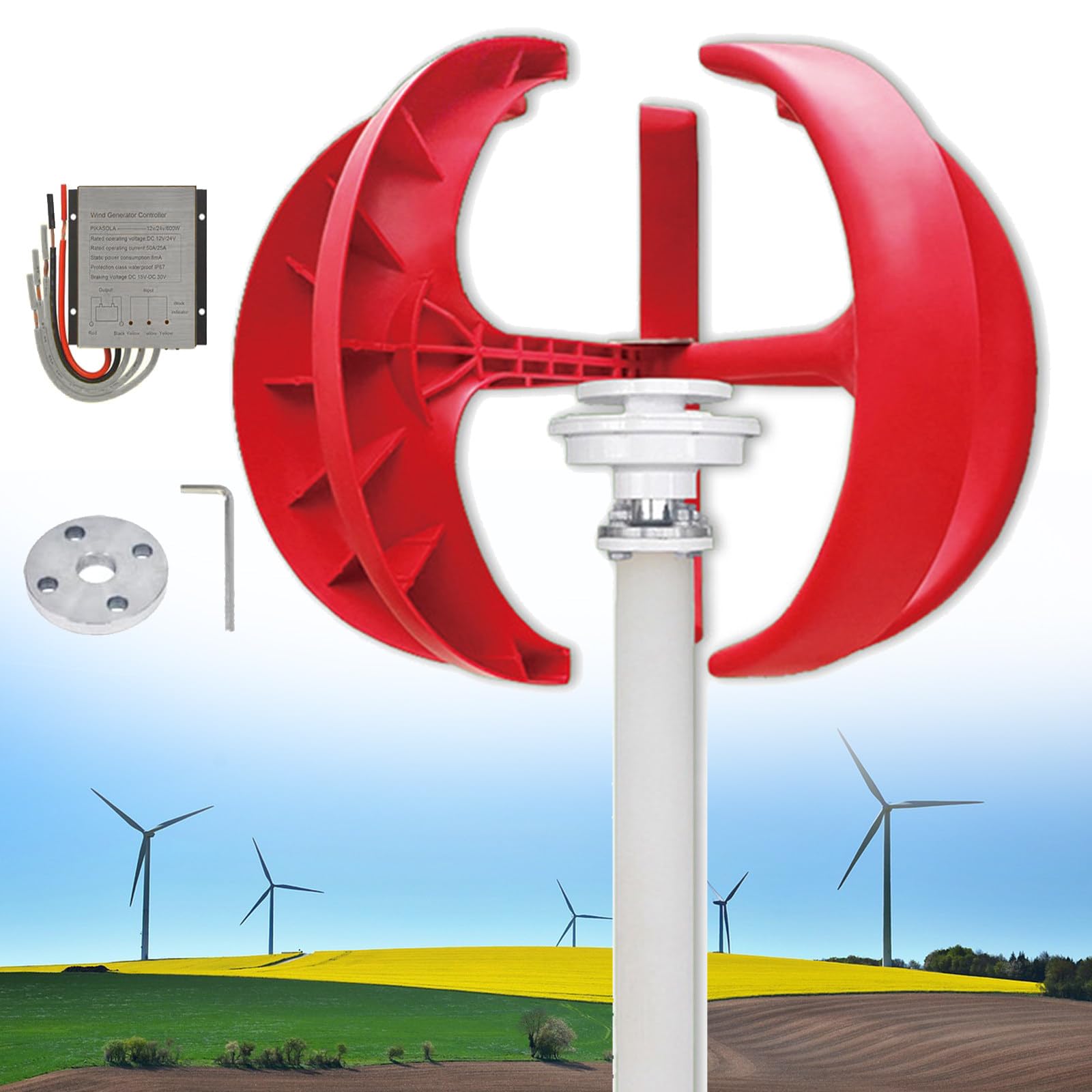 Pionowy generator wiatrowy 600 W z 5 łopatkami i kontrolerem, idealny do oświetlenia domu i ulicy, rozwiązania w zakresie energii odnawialnej do monitorowania, czerwone latarnie 24 V