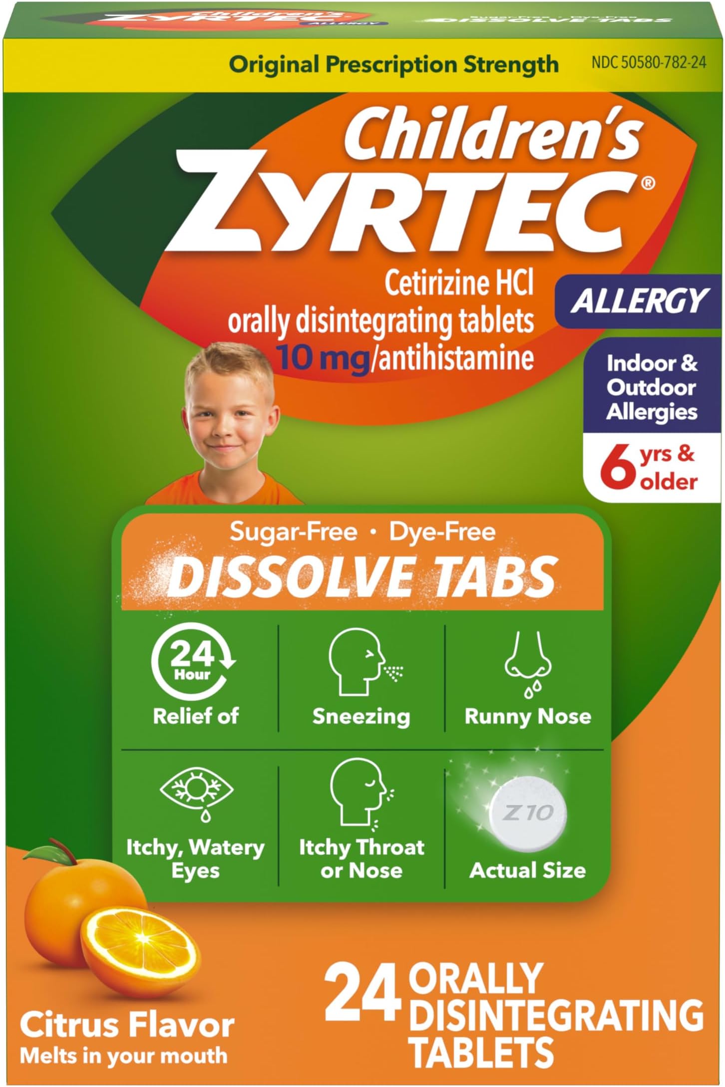 Zyrtec Children's 24 Hour Dissolving Allergy Relief Tablets with 10 mg Cetirizine Hydrochloride Antihistamine, Dissolvable Allergy Medicine for Kids Ages 6 Years+, Citrus Flavor, 24 ct