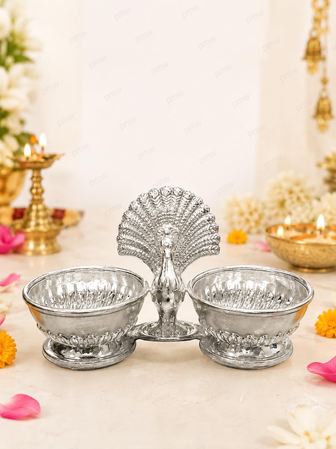 German Silver Peacock & Leaf Design 2 Cup Panchwala Set | Kumkum, Pasupu, Vibhuti & Gandham Holder | Traditional Pooja Accessory | Decorative Temple Bowl | Silver Finish | Religious Gift (91806)-image-22