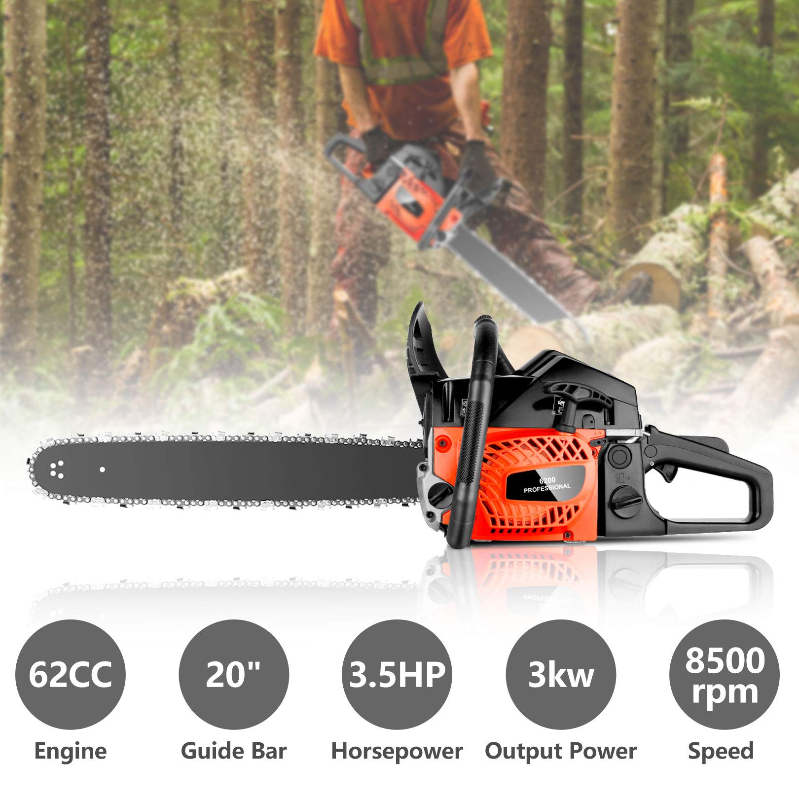 KGK 62CC Gas Powered Chainsaw 20 Inch Gas Chain Saw 2 Strokes Automatic