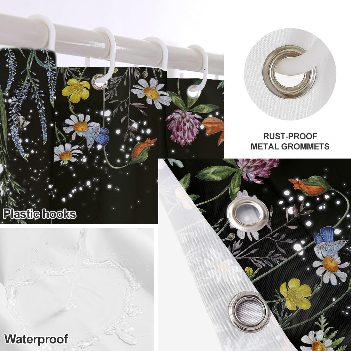 Black Gothic Shower Curtain Set Moon Phrase Goth Witchy Dark Celestial Floral Flower Space Stars 4 Pcs Toilet Lid Cover Non-Slip Rugs for Bathroom Decor Bath U Shape Mat Accessories