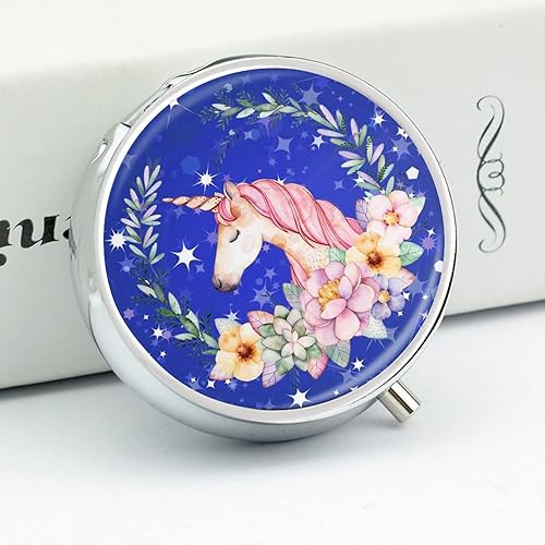 Miniatura 4 de Pastillero con diseño de unicornio con flores azules, 2 compartimentos, pastillero portátil, organizador de pastillas de viaje