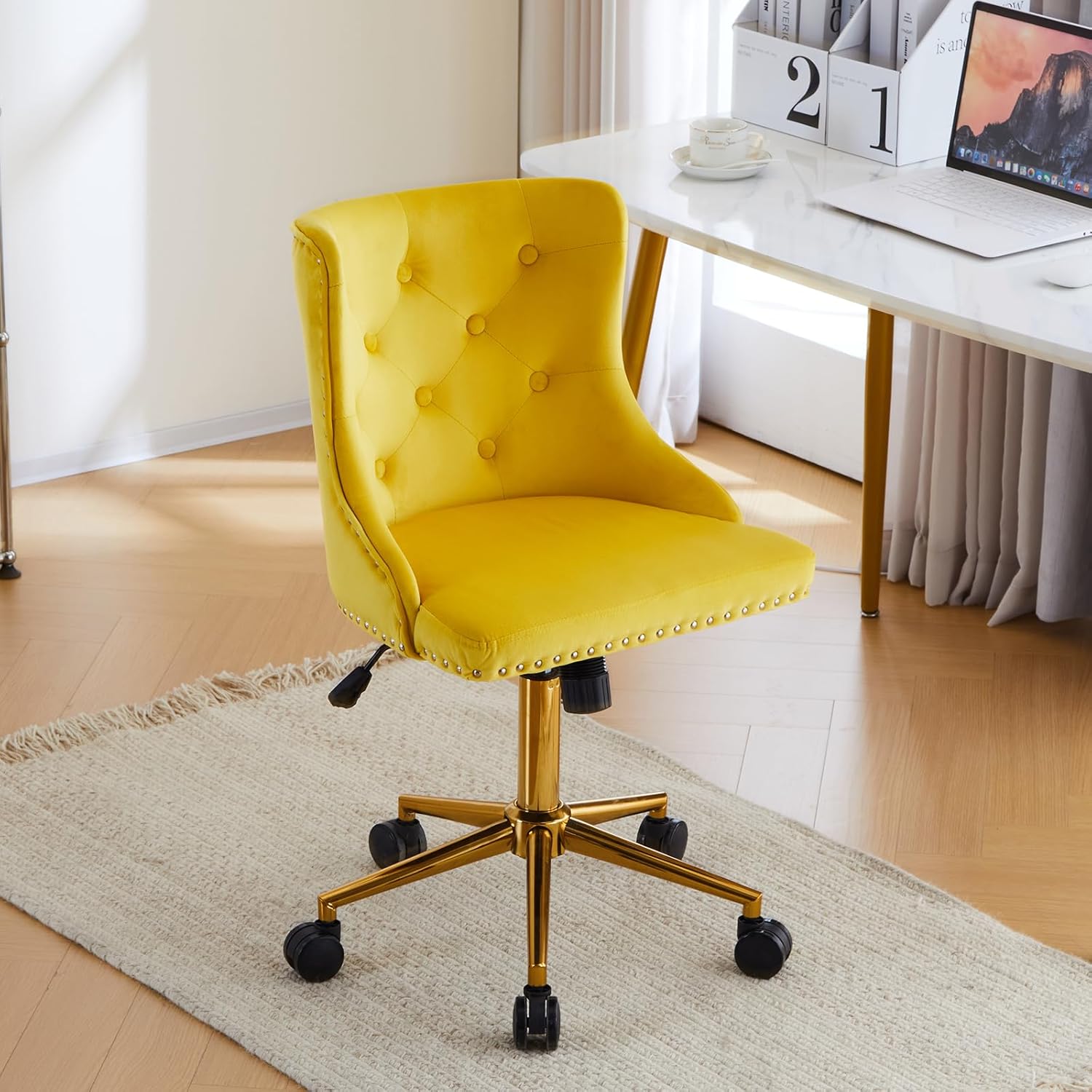 VINGLI Yellow Velvet Armless Home Office Desk Chair with