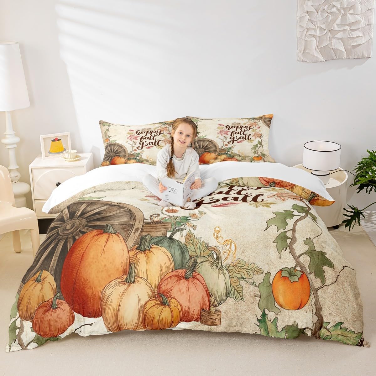 Fall Cabin Kids Duvet Cover Set Full Size,Autumn Maple Leaf Retro Bedding Set,Girls Boys Adults Bedroom Decor,Pumpkin Harvest Comforter Cover,Rustic Farmhouse Quilt Cover,2 Pillowcases