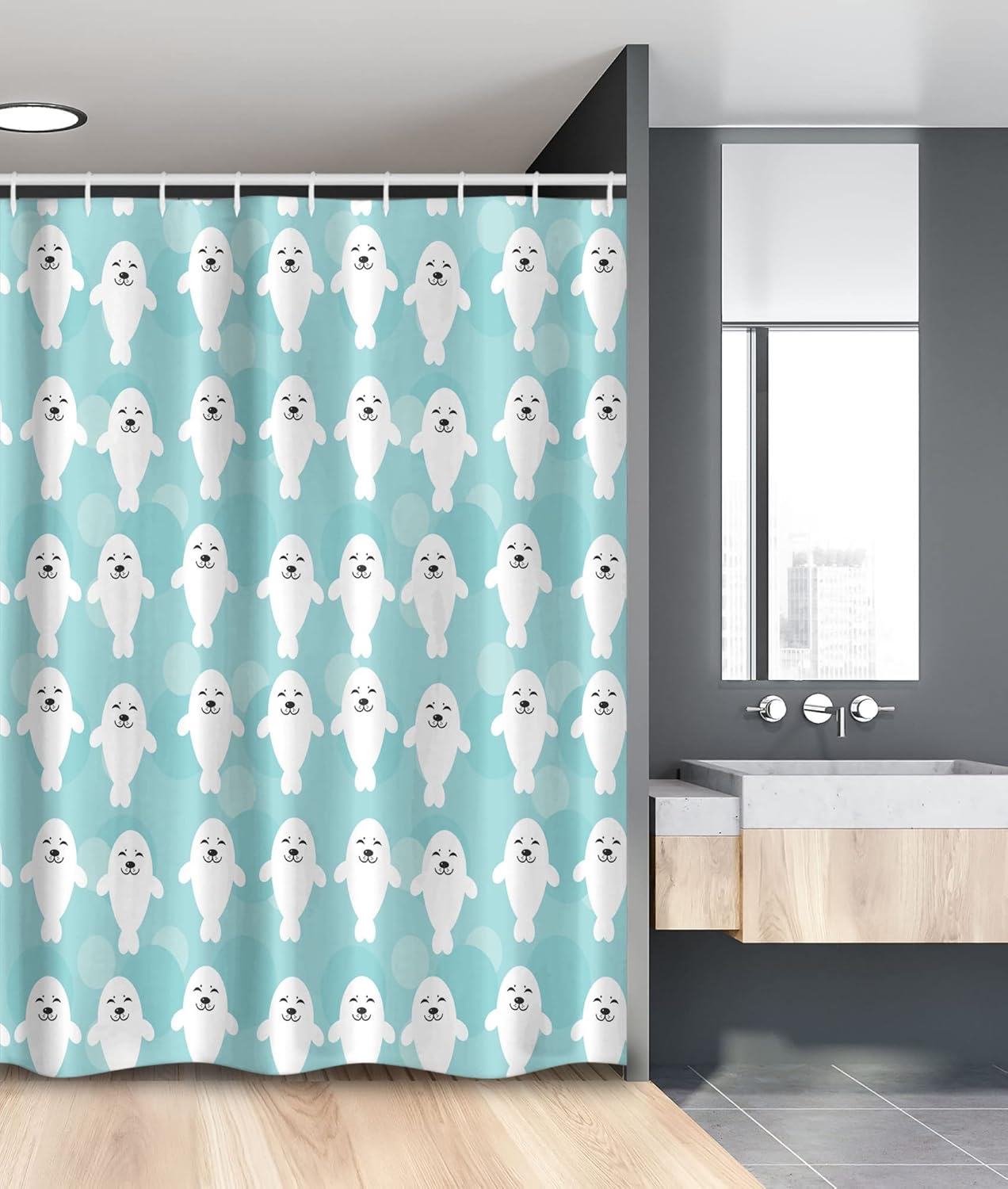 Ambesonne Sea Animals Stall Shower Curtain, Seals with Faces Smiling Cheerful Theme, Fabric Bathroom Decor Set with Hooks, 54" W x 78" L, Turquoise Pale Blue