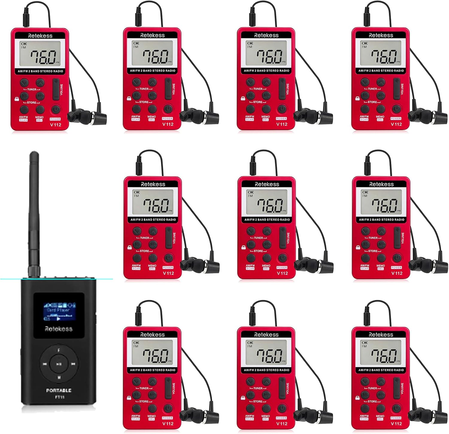Retekess FT11 FM Transmitter,Portable FM Broadcast Transmitter for Church with Microphone Bundle with V112 AM FM Portable Pocket Radio