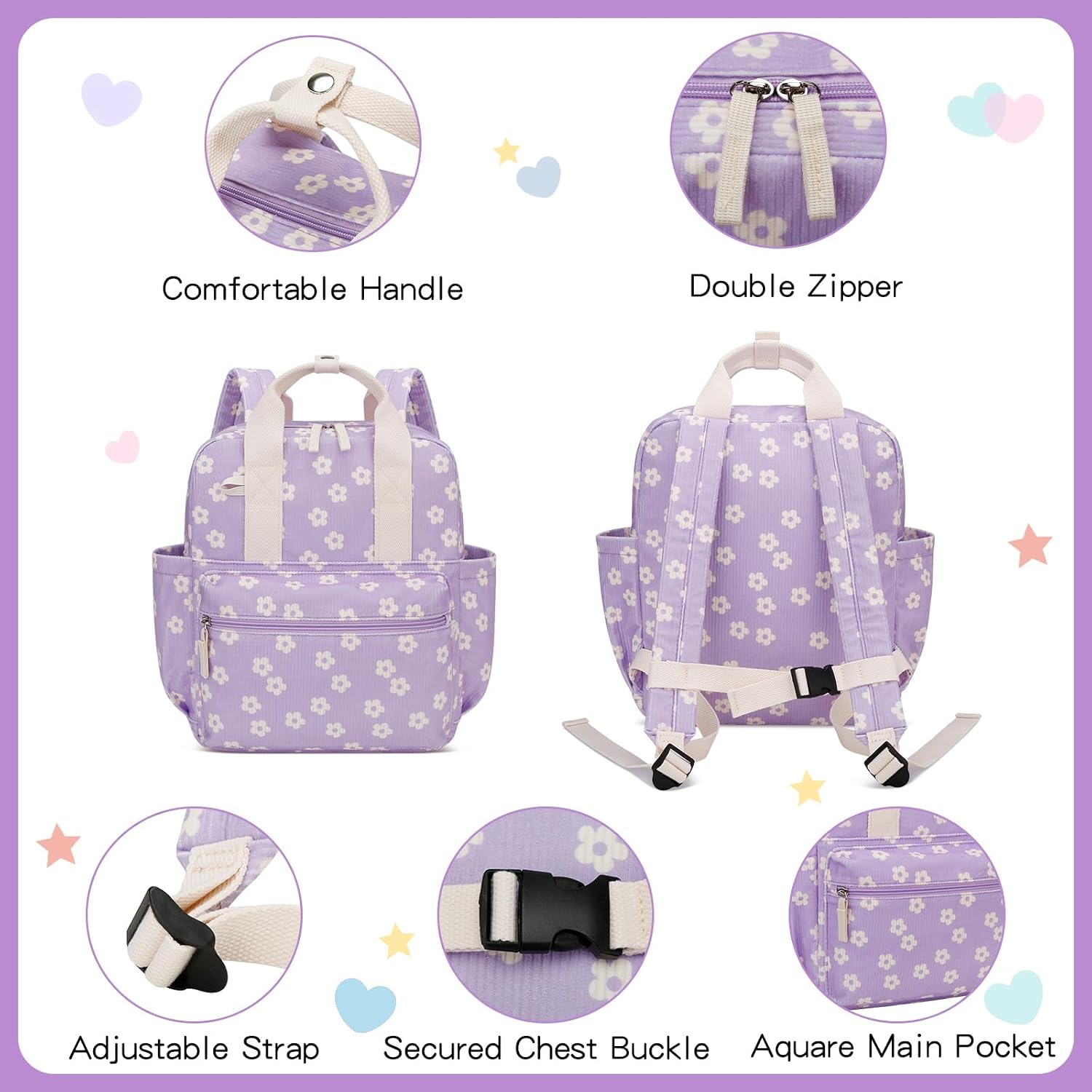 Kids Backpack for Girls 5-8 - Small Backpack for School, School Bag for Preschool Kindergarten, Cute Bookbag with Cartoon Patterns, Lightweight Kids Backpacks for Travel (Purple Flower)