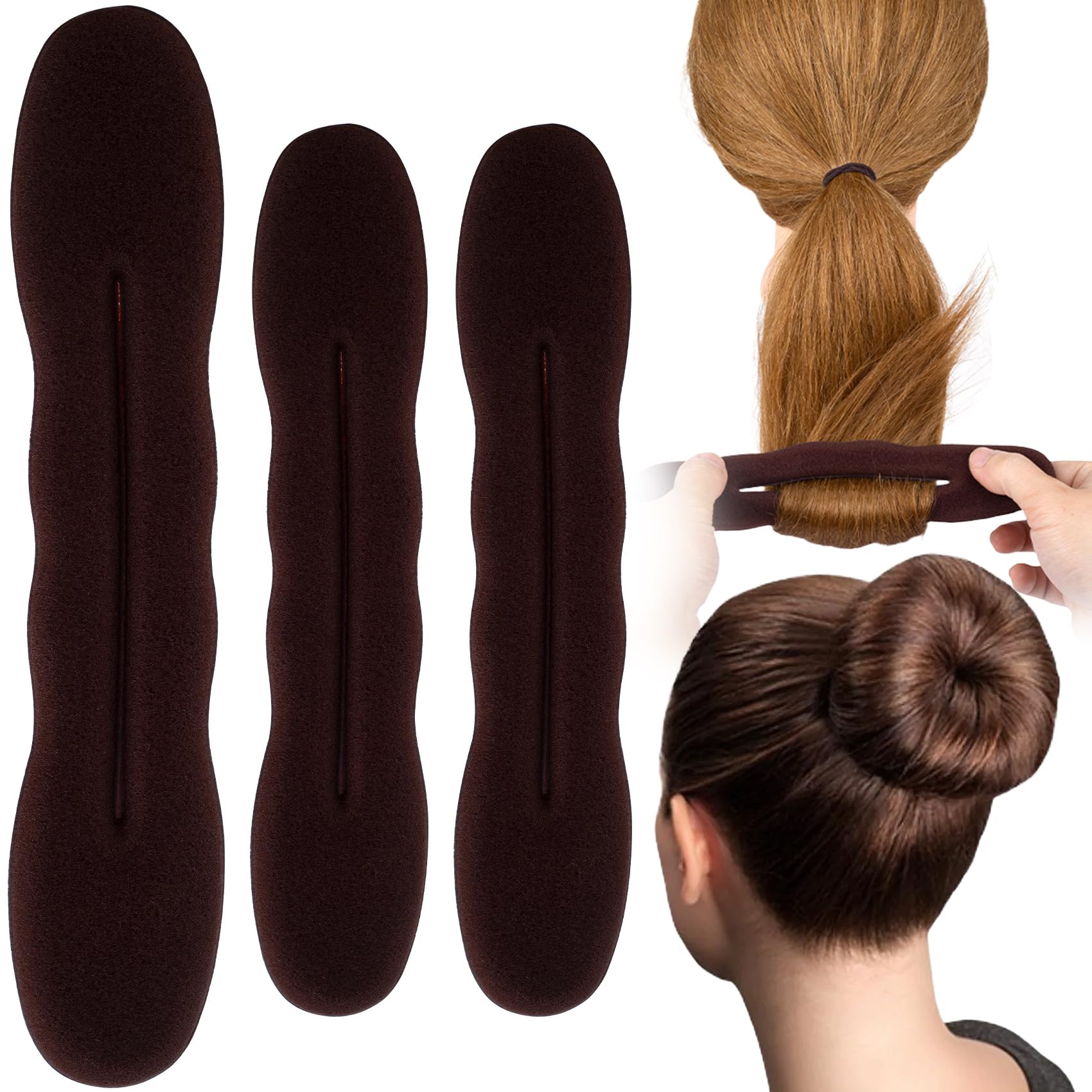 3 PCS Hair Bun Maker, 2 Sizes Sponge Hair Updo Shaper for Women, Classic Hair Clip Ties, Hair Styling Accessories for Long, Curly, Straight Hair - Brown