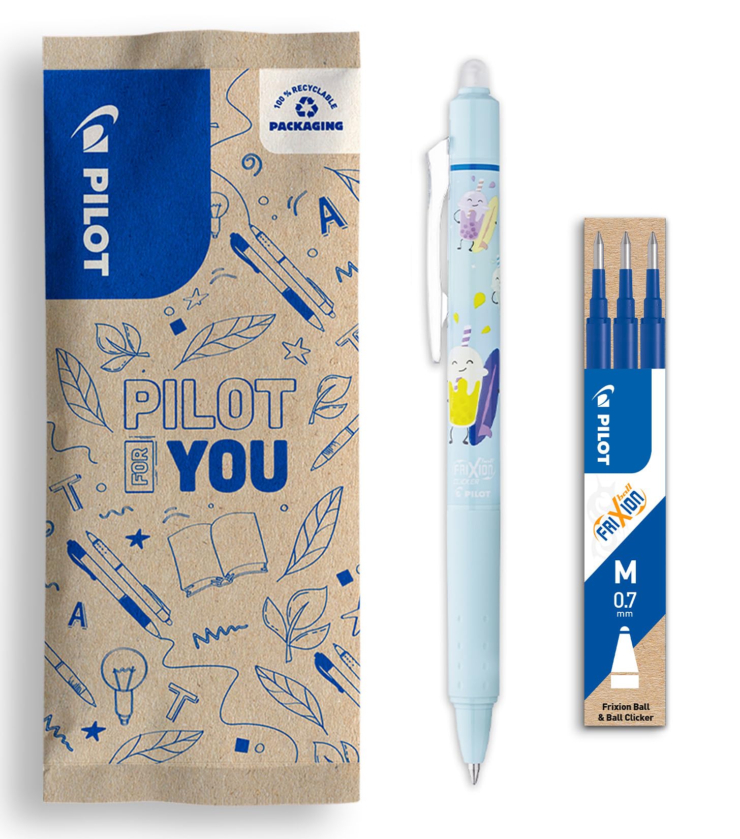 PILOT - Caja de 1 FriXion Ball Clicker + Set de 3 Recambios - Bolígrafo Borrable Mignon y Bonito - Edición Limitada Pool Party - Roller Recargable - Azul - Punta Media