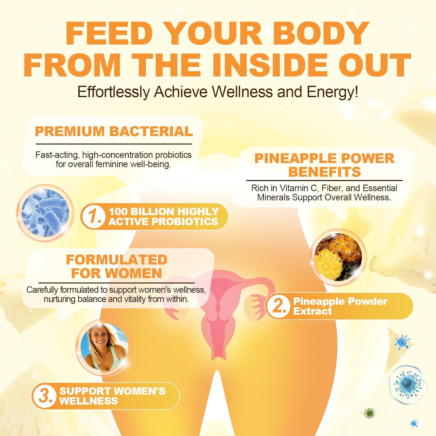 Premium Feminine Balance Gummies, Women’s Health Probiotics - 100 Billion CFU Probiotics - Immune Support, Gut Health, Hormone Balance, PH Balance Vitality, Pineapple Flavor, 60 Count - Image 4