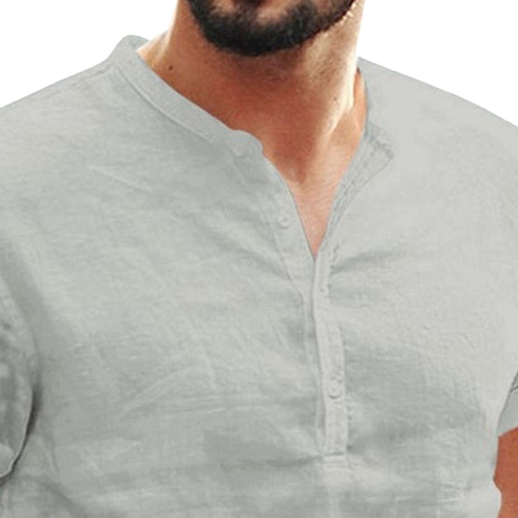 Men Solid Stand Collar Street Shirts Normal Thin Cotton Linen Cool T Shirt Summer Quarter Button Pullover Tops (Grey,Small)