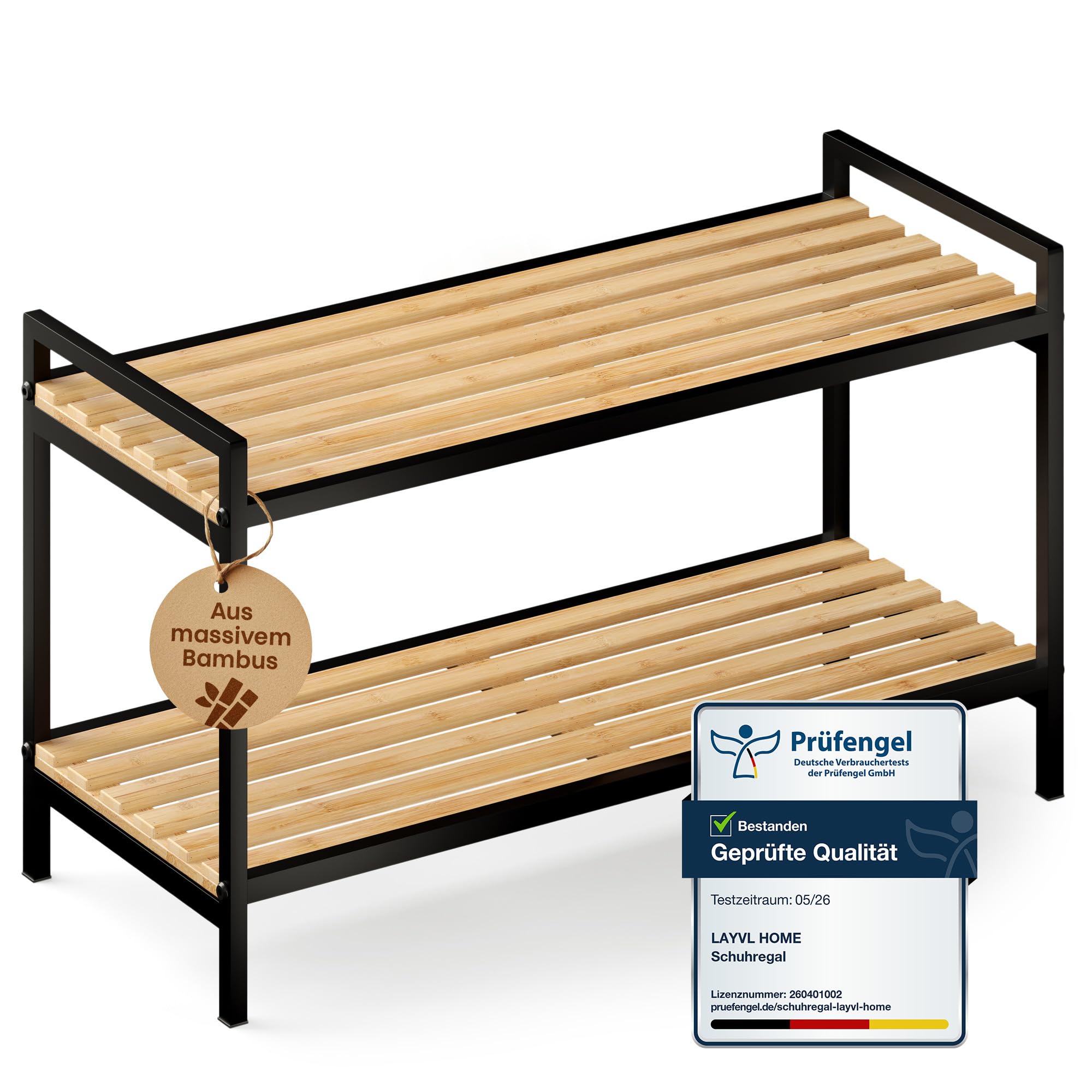 Schuhregal platzsparend, Design Schuhregal, Schuhorganizer, Schuhaufbewahrung für Eingangsbereich, Flur, Wohnzimmer - hochwertig, modern, aus Metall und Bambus, 2 Ebenen, 73x30x41cm
