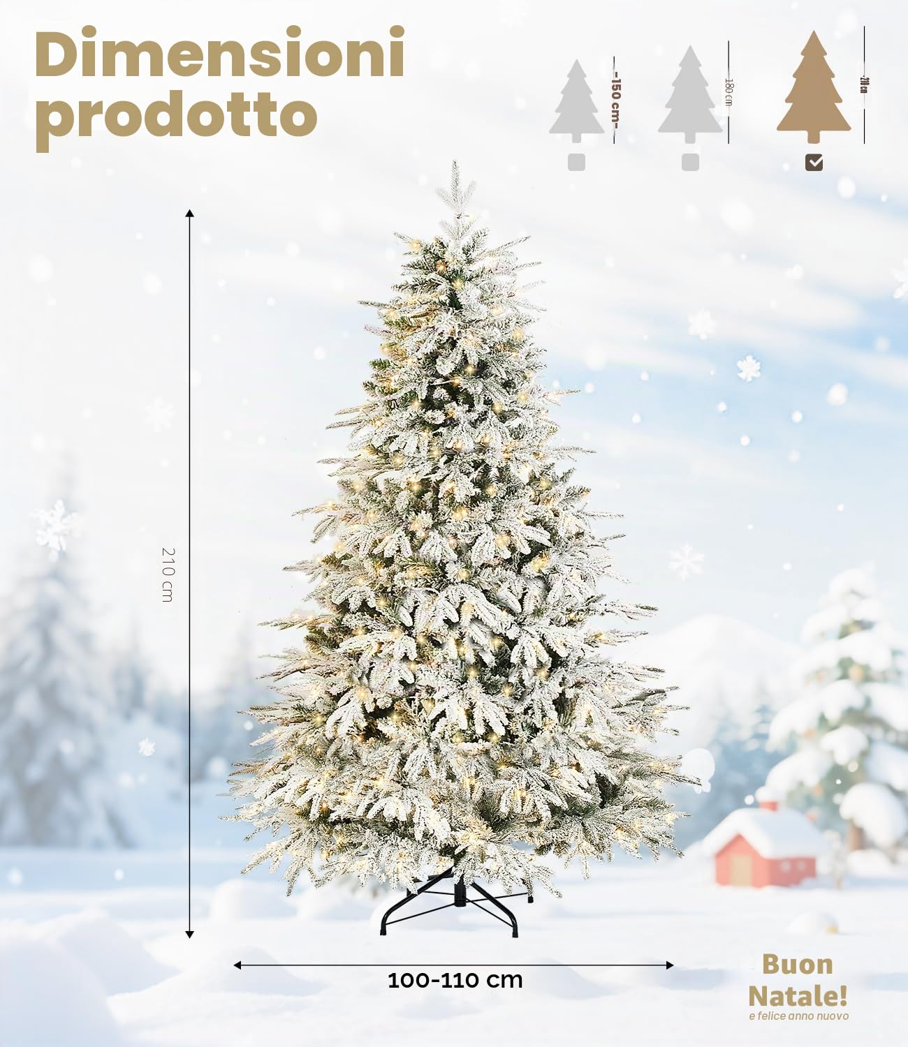 DEWUR Albero di Natale artificiale con illuminazione e neve, supporto in metallo (210cm)