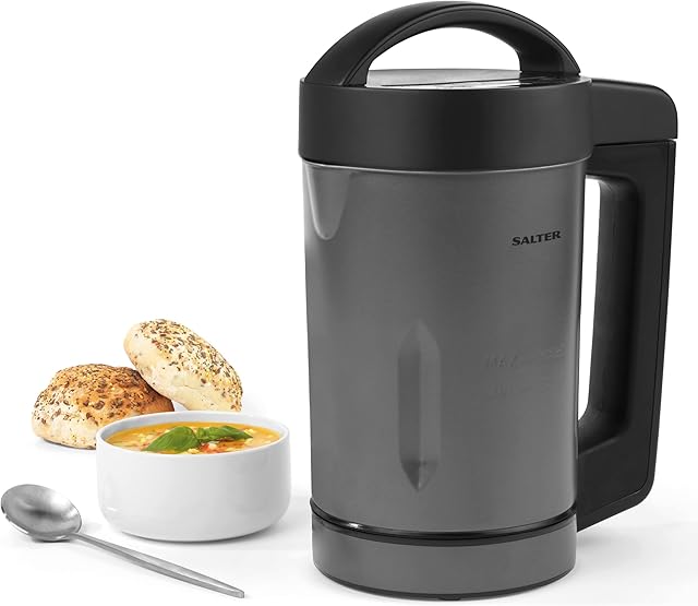Salter EK5118GUNMETALV2 Soup Maker, 1.6 Litre Capacity, 5 in-Built Settings, Auto Memory-Function, Includes Stainless Steel Jug, 900W Power, Digital Control System, Prevents Overspill, Grey, Aluminium