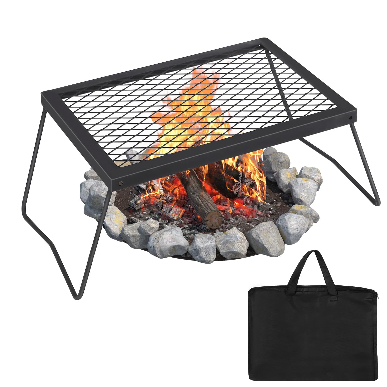 Garveemore Black Heavy-Duty Folding Campfire Grill & Griddle - 17 X 12.2 Inch Portable Bbq Cooking Grate, Alloy Steel Mesh Rack With 600°C Heat Resistance For Outdoor Camping, Fire Pit & Carry Bag