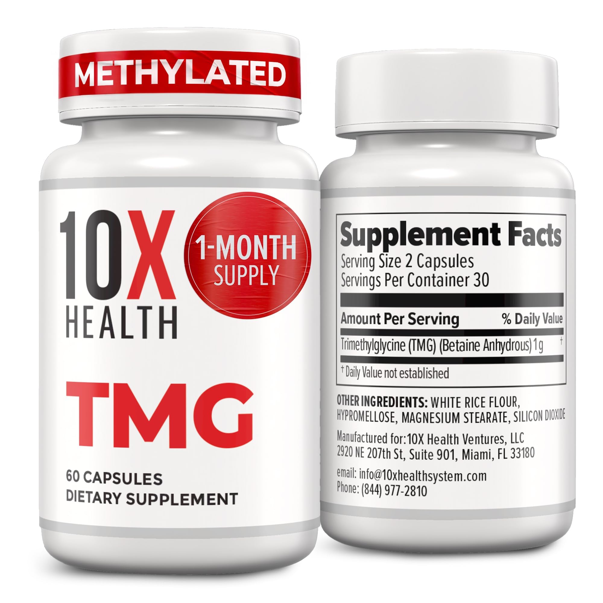 10X Health TMG Supplements - Trimethylglycine Supplement for Liver Support, Heart Wellness, Energy, Homocysteine Levels - TMG Capsules with Betaine Anhydrous - Non-GMO & Gluten-Free - 60 Capsules