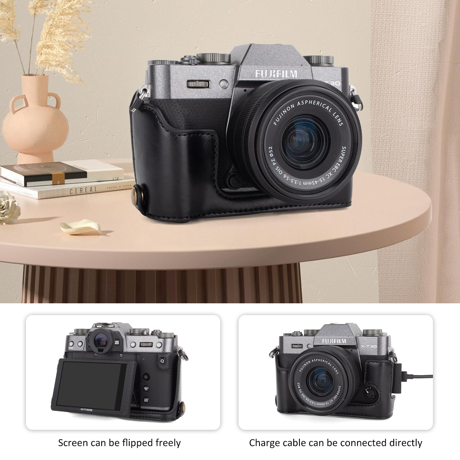 kinokoo Custodia per Fujifilm XT10 T20 XT30 XT30 II XT30 III, custodia protettiva in pelle PU Fuji X-T30 III X-T30 II X-T30 X-T20 X-T10 con obiettivo 16-50 mm e 18-55 mm - con tracolla - Caffè