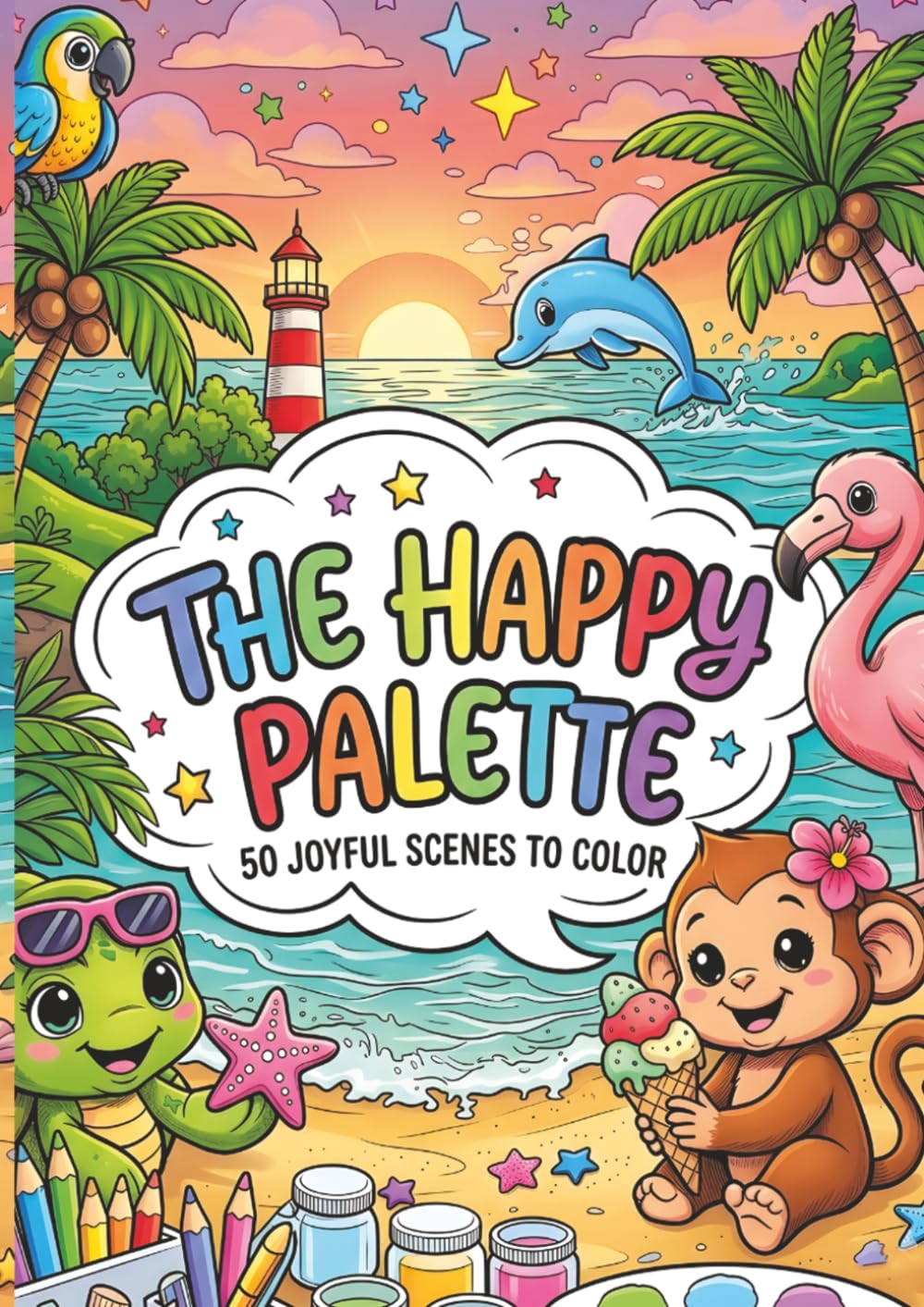 The Happy Palette: 50 Joyful Scenes to Color: A Fun and Vibrant Tropical Adventure for Kids Ages 4-13