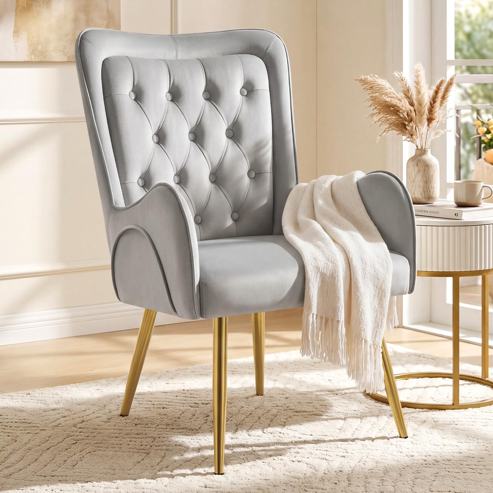 Hellove Armchair with Double Back, Velvet Accent Vanity Chair with Gold Metal Legs, Tufted Button Wingback Armchair for Living Room, Comfy High Back Reading Chair for Bedroom, Home Office – Grey