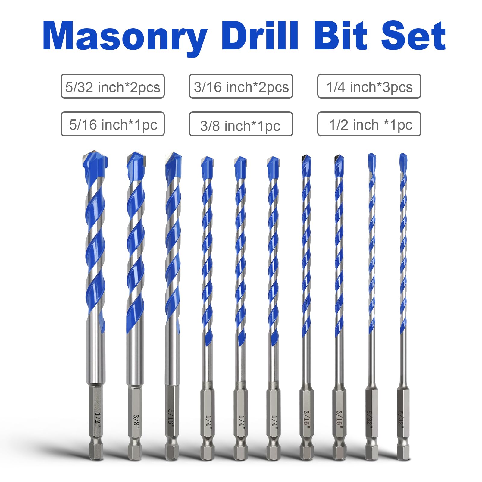Set di 10 punte per trapano per calcestruzzo, da 1,3 cm a 1,27 cm, con gambo esagonale, punte in carburo per calcestruzzo, piastrelle, mattoni, plastica, cemento (10 pezzi)