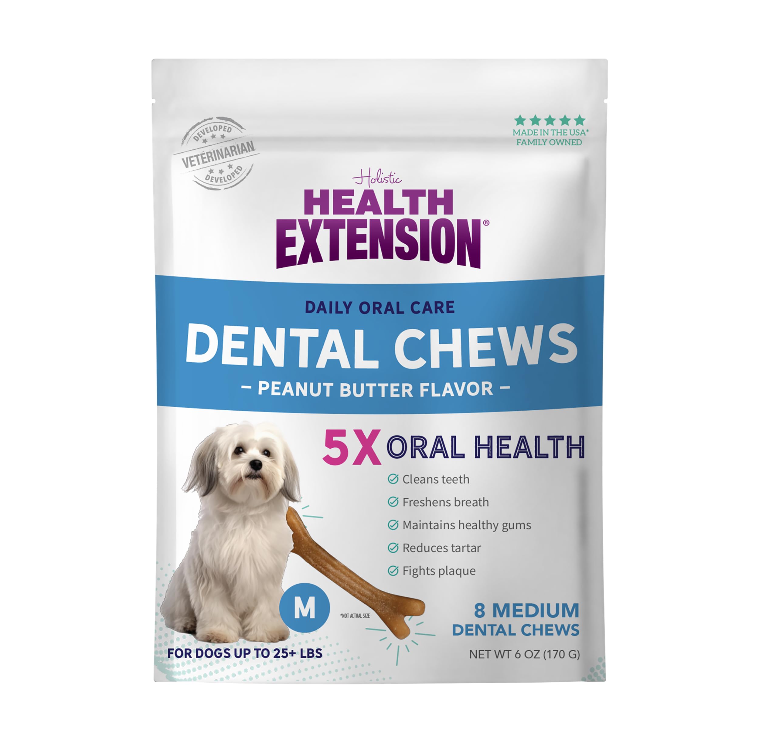 Health Extension Peanut Butter Dental Bones for Dogs, 8 Medium Bones – Supports Dental Health, Delicious Flavor, Ideal for Puppy Training