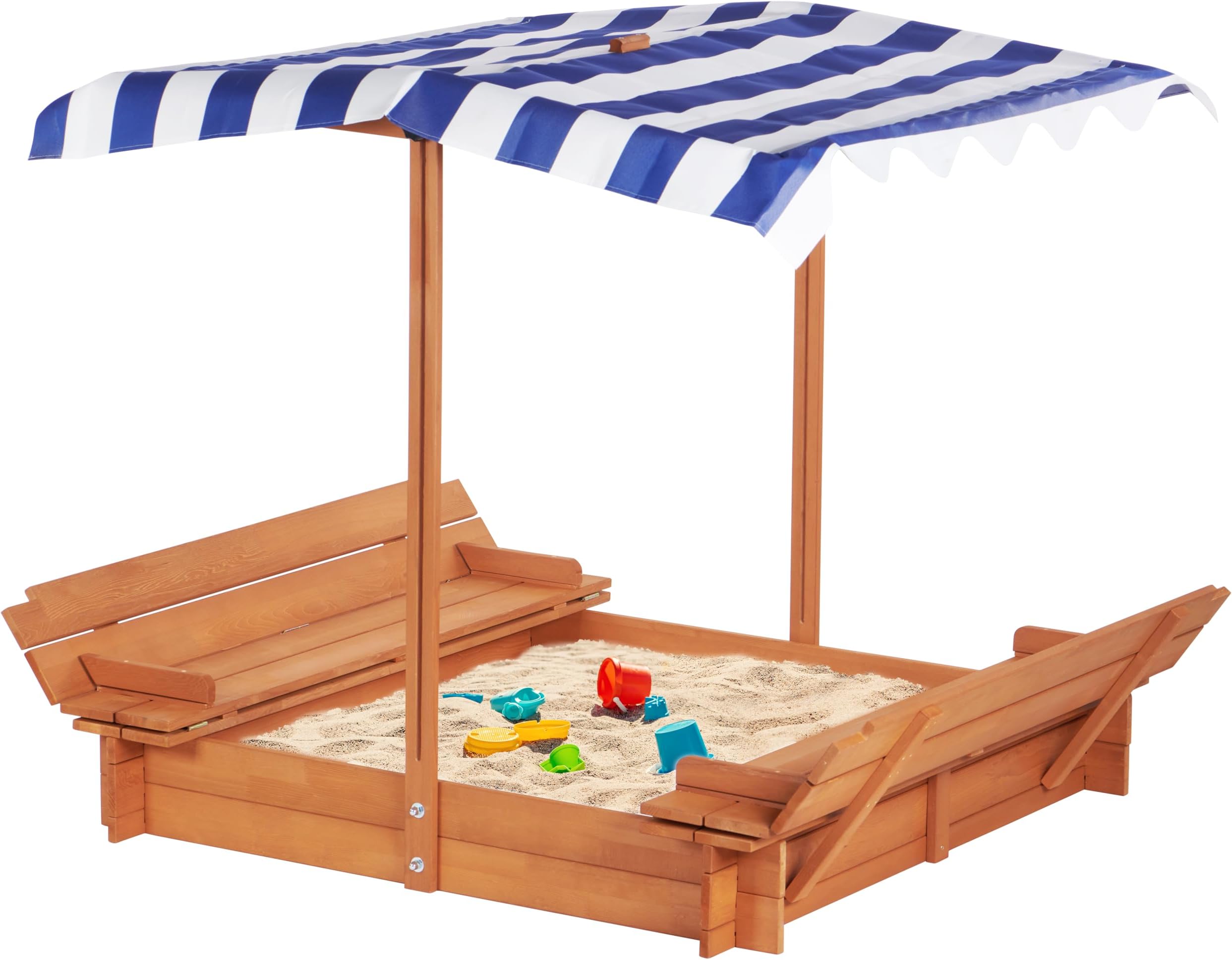 Kids Sandbox with Adjustable Cover and Foldable Bench Seats, 46''x46'' Outdoor Wooden Sandpit for Backyard Play