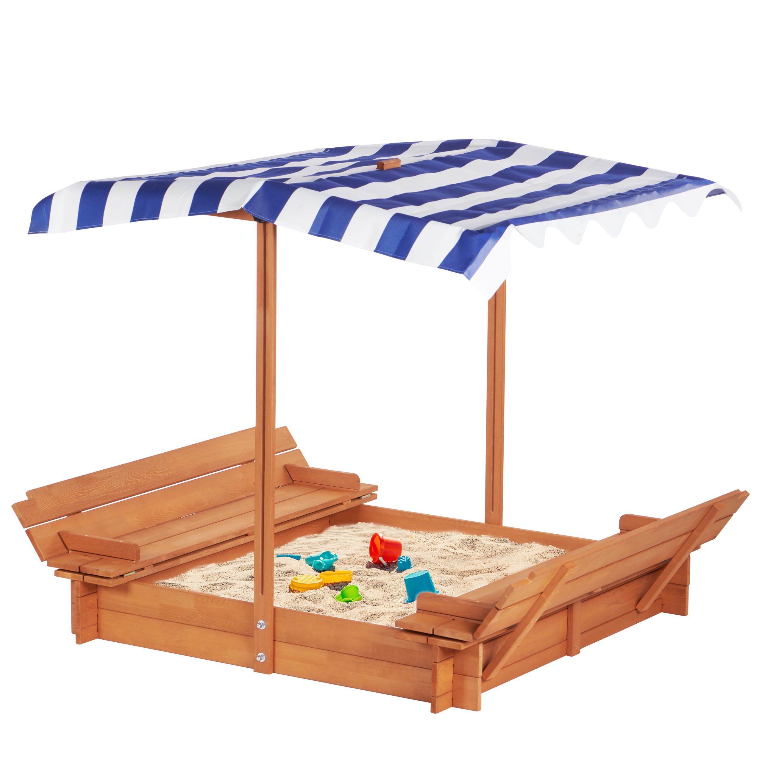 Kids Sandbox with Adjustable Cover and Foldable Bench Seats, 46''x46'' Outdoor Wooden Sandpit for Backyard Play