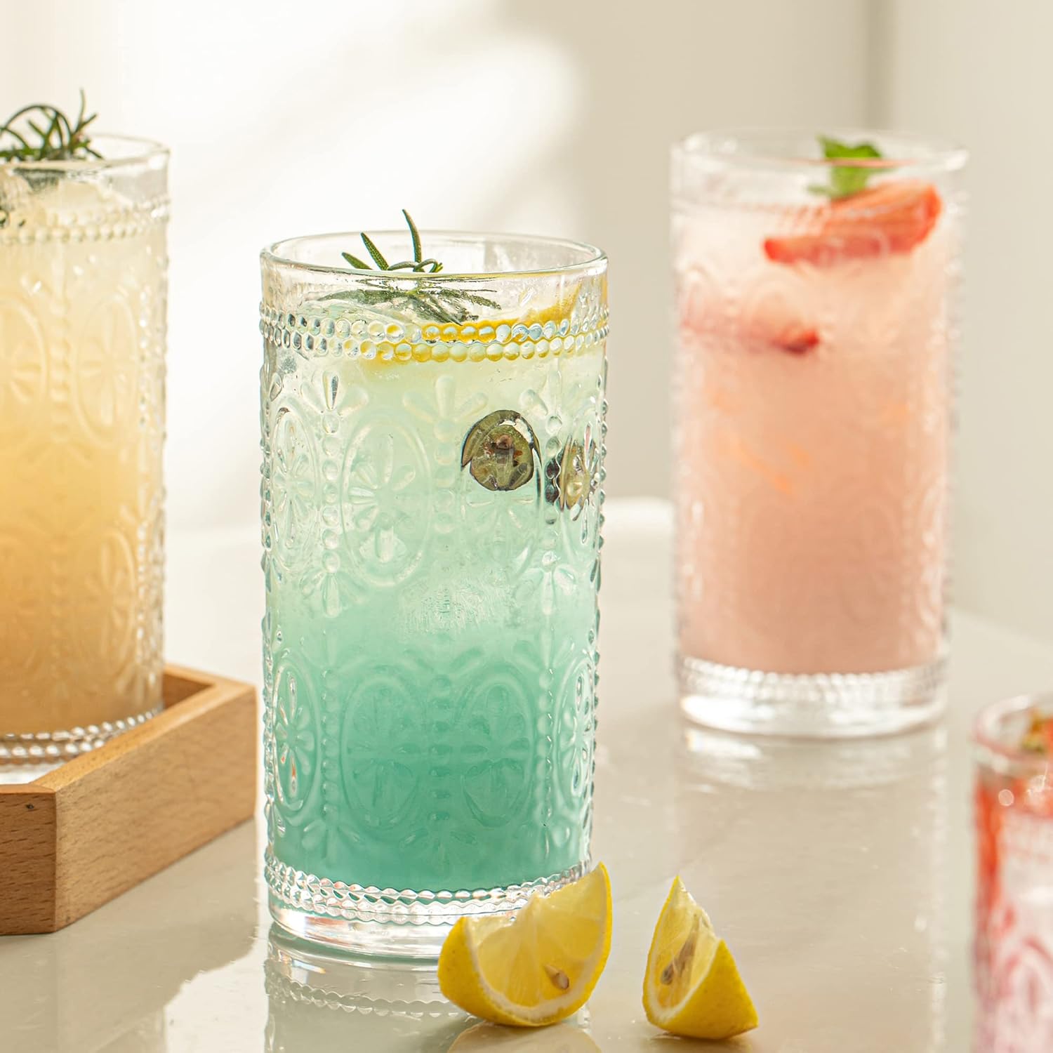 Stylish Vintage Glassware Set - 4 Pack Embossed Drinking Glasses, Tempered Glass Tumblers for Juice, Water, Cocktails - 2 x 10.8 oz & 2 x 13.5 oz - Glass Cups for Home and Bar Use