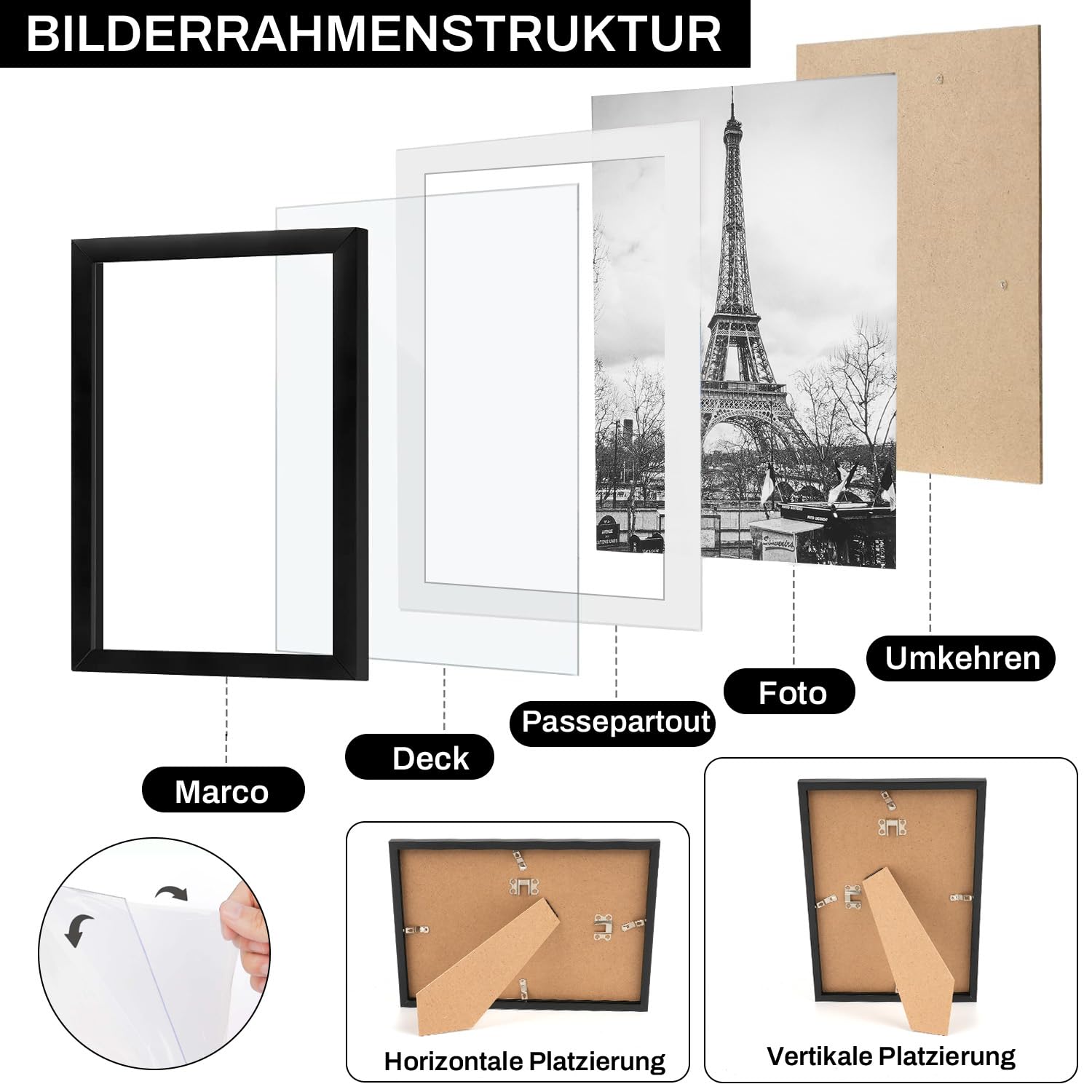 4 Stück Bilderrahmen A4 Schwarz – DIN A4 21x30 cm Kunststoffrahmen mit Plexiglas, Bilderrahmen Set für Fotos, Poster, Kinderzeichnungen & Galerie