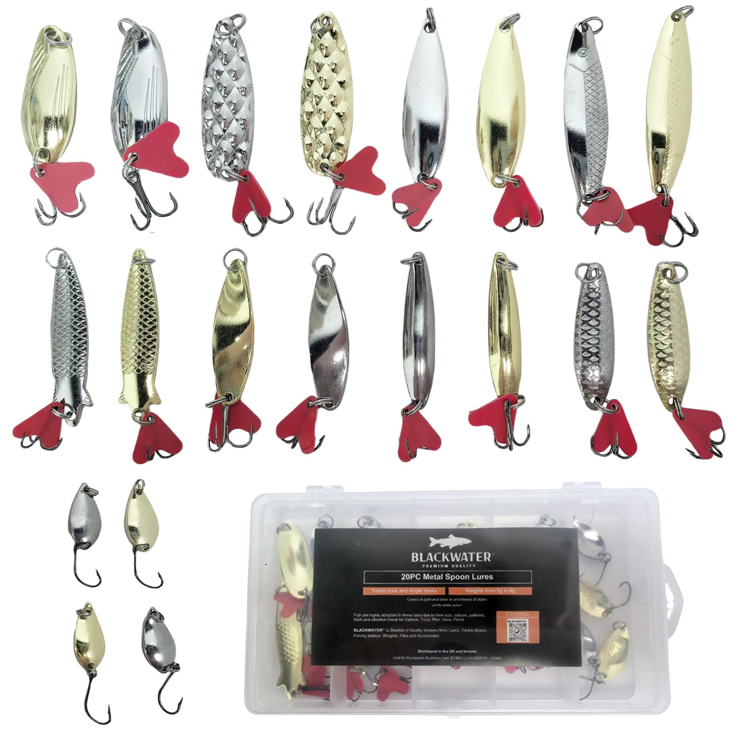 20 Pack Fishing Spoons Gold Silver Spinners Lure Trout Pike Salmon Saltwater Fresh Mackrel Pollock Sea Shiny Trebble Singlee Babrebed Hooks With Clear Storage Tackle Case Set