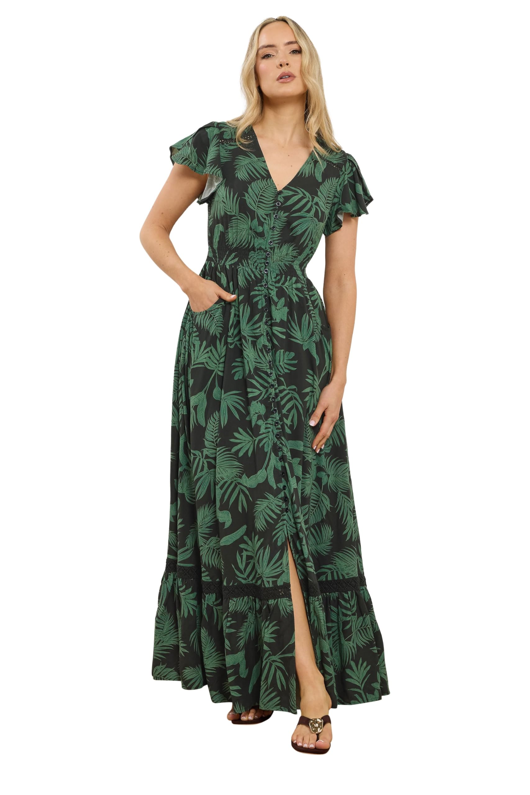 Long Tall Sally Women's Black Tall Palm Print Button Maxi Dress In | : Size 14