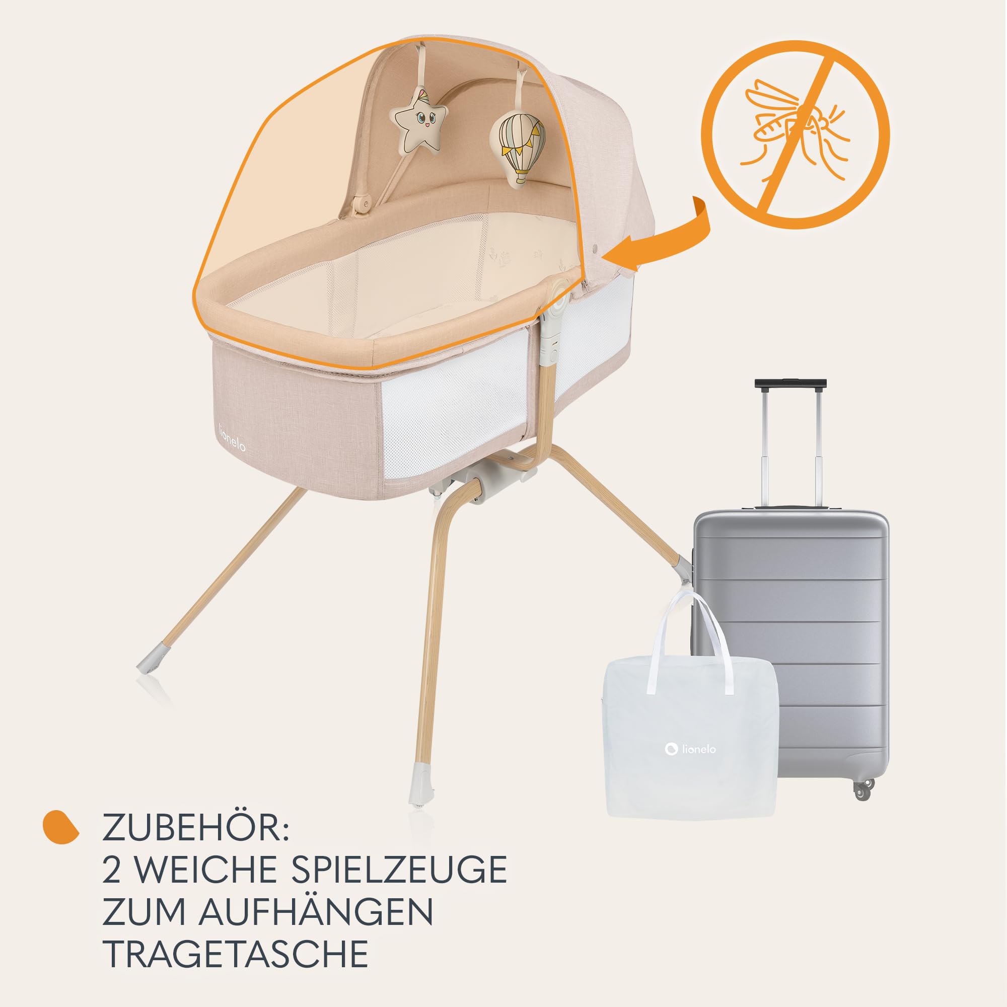 Lionelo Malin Evo Babywiege, Reisebett für Babys mit Matratze | Kinderreisebett, Reisegitterbett, von 0 bis 9 kg, Vordach, Moskitonetz, klappbar, Schaukelsystem, Liegeverstellung, schnelle