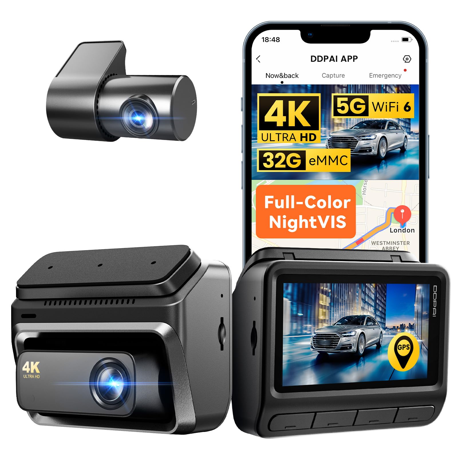 DDPAI 4K Dash Cam for Cars Front and Rear, 2160P+1080P Dashcam, 5GHz WiFi6 Car Dash Camera, 3" IPS with 32G eMMC GPS Night Vision 24H Parking Monitor ADAS G-Sensor Max Support 512G, Z60