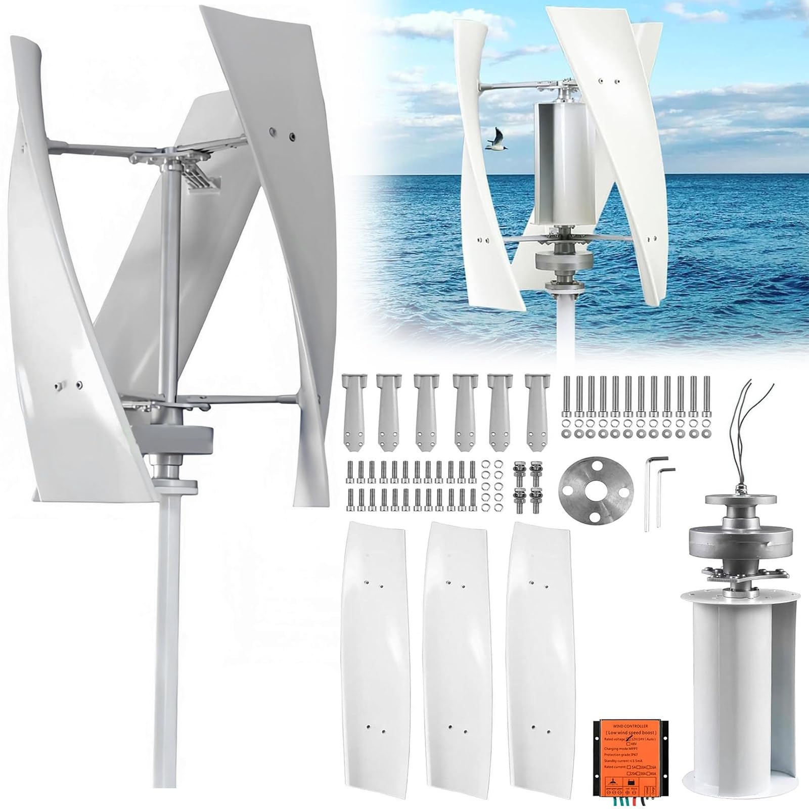 Wolnostojący generator wiatru, 3000 W, 12 V/24 V, 3-łopatkowy, pionowy, poziomy, z kontrolerem ładowania, do oświetlenia domu, łodzi, łodzi morskiej i publicznej