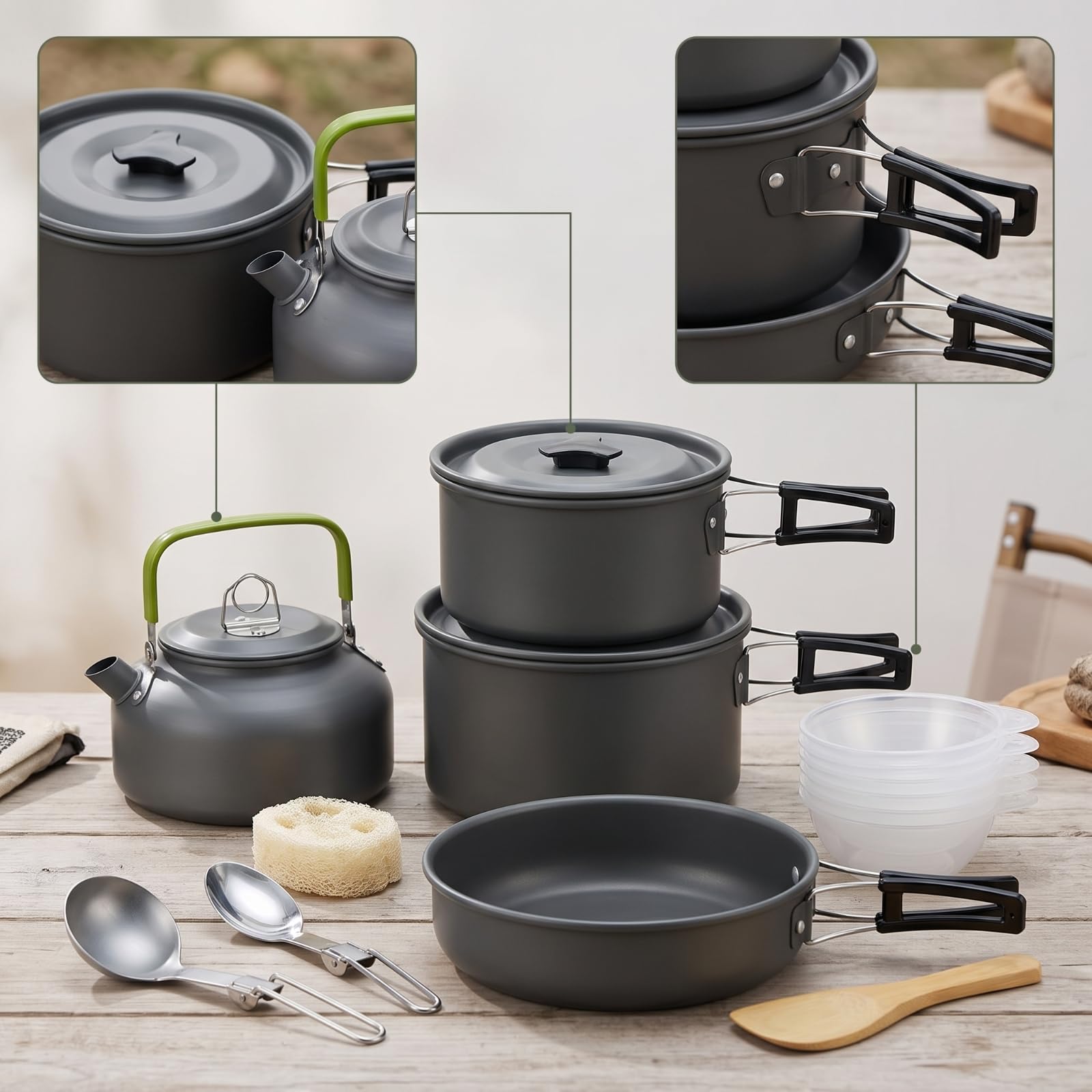 Baoblaze Ensemble Cuisson Camping avec Bouilloire Casserole Poêle Bols Plats Couverts pour Pique-nique Groupe Randonnée
