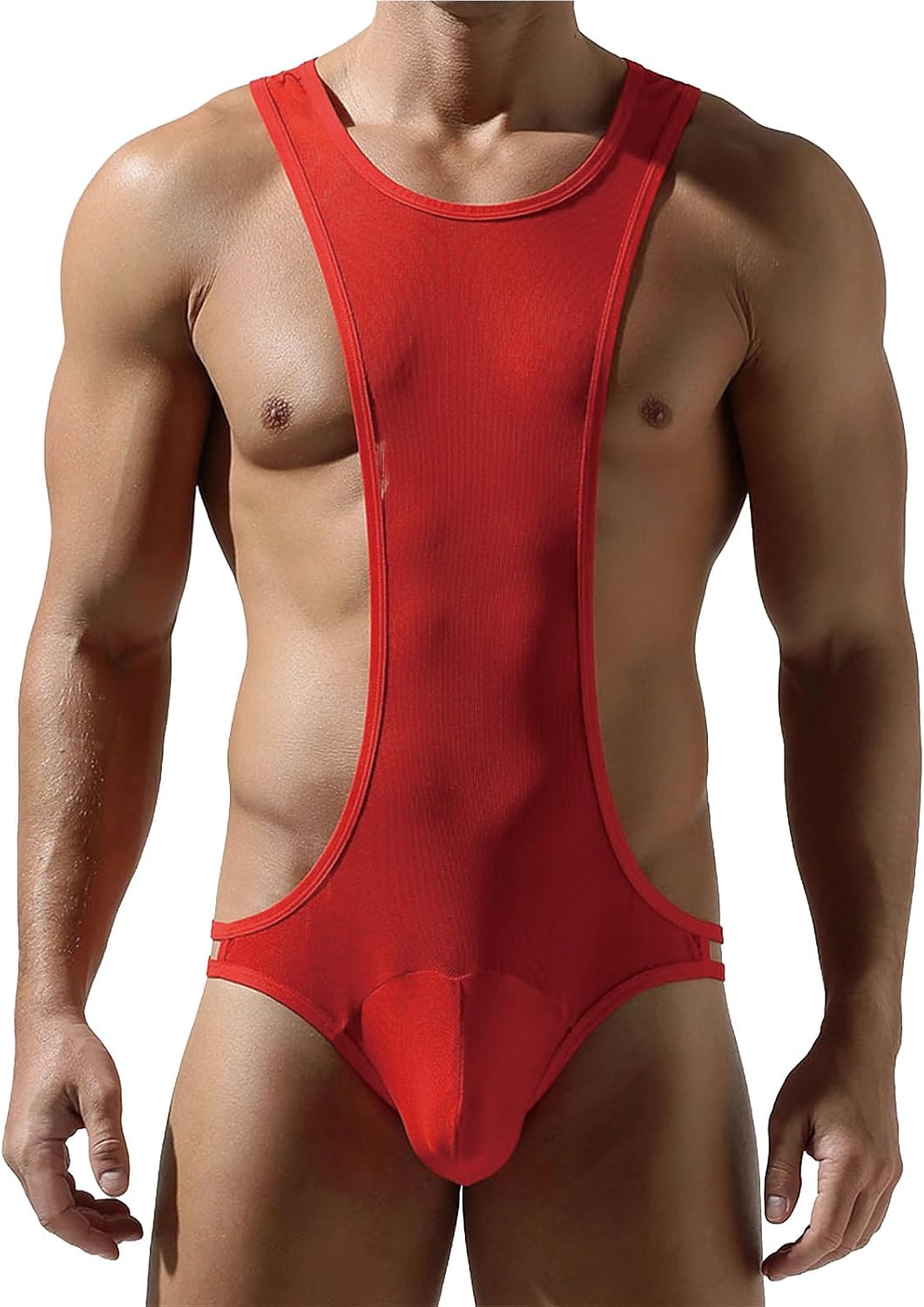 Men's Sissy Lingerie Mesh Bodysuit Sheer Wrestling Singlet Corset Style with Pouch-C