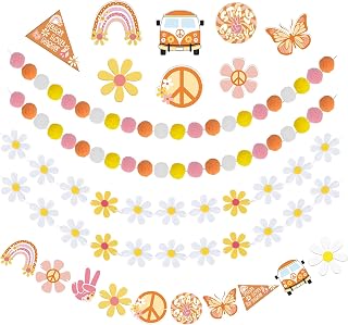 6 Pcs Groovy Party Daisy Felt Garland Set, 13 Feet Colorful Pom Pom Garlands with Boho Banners for Birthday, Baby Shower, Groovy Party, Retro Hippie Boho Party, Daisy Party Decorations Supplies