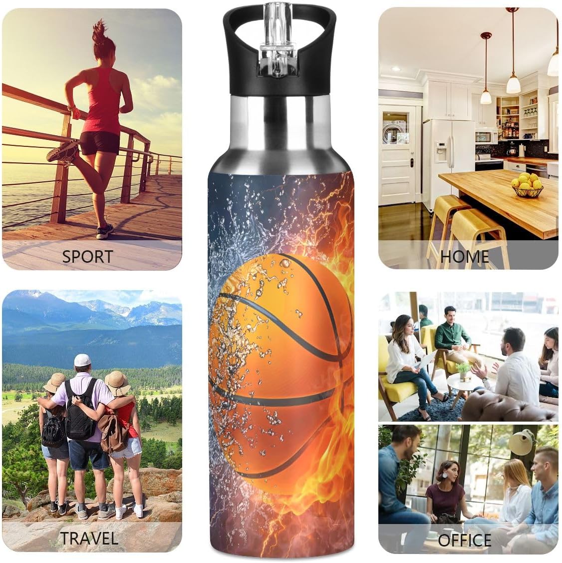 Watercolor Burning Basketball Water Bottle with Straw Lid, Stainless Steel Water Cup for 20 Oz Hot Cold Drinks