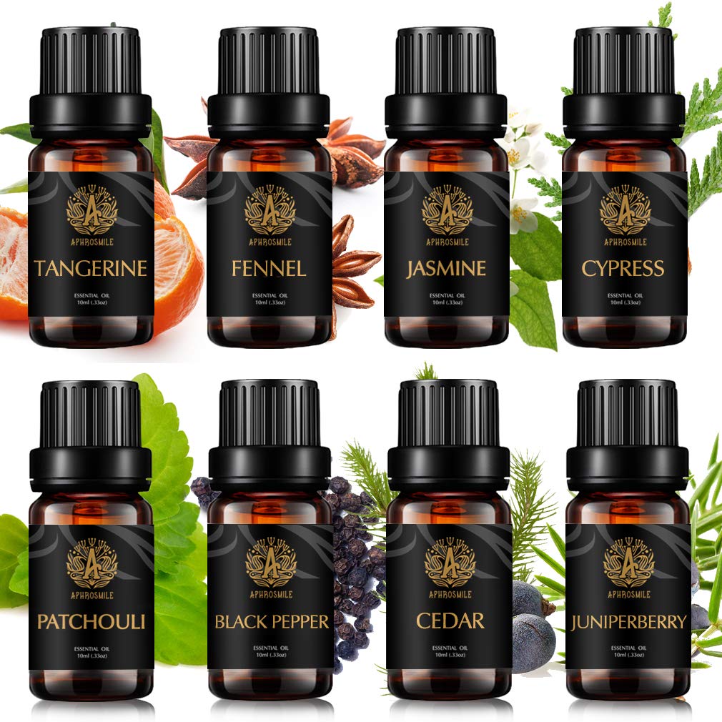 100% reine Cypress ätherisches Öl Set für Diffusor, Aromatherapie Jasmin Essentia Öl-Kit, 8x10ml ätherische Öle Set- Fenchel, Tangerine, Juniper Beere, Zeder, schwarzer Pfeffer,Patchouli Öle für Hause